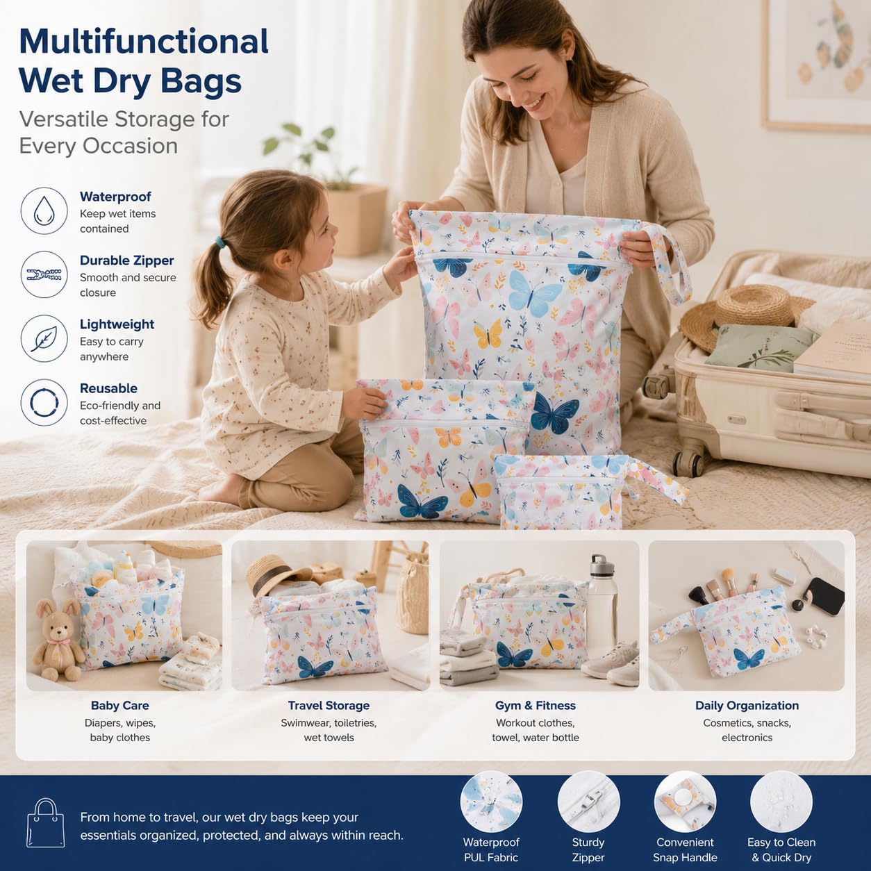 Set di 3 Sacchetti Impermeabili con Zip - Perfetti per Viaggio, Spiaggia, Palestra, e Campeggio, Diverse Dimensioni per Ogni necessità, Riutilizzabili e Resistenti