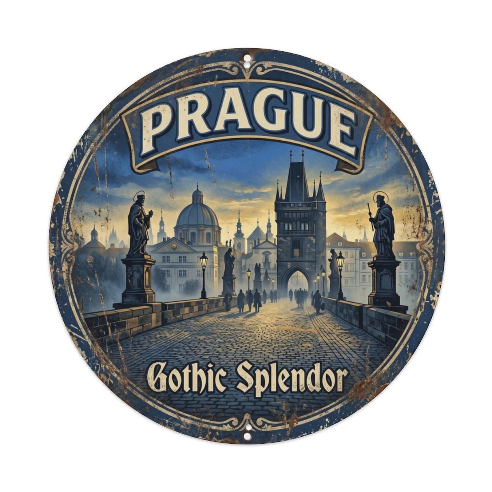 Vintage Travel Prague Charlesbridge Czech Metal Tin Sign Plaque Wall Decor for Cafe, Club Bar, Office, Home Garden Round Metal Poster 8x8Inch