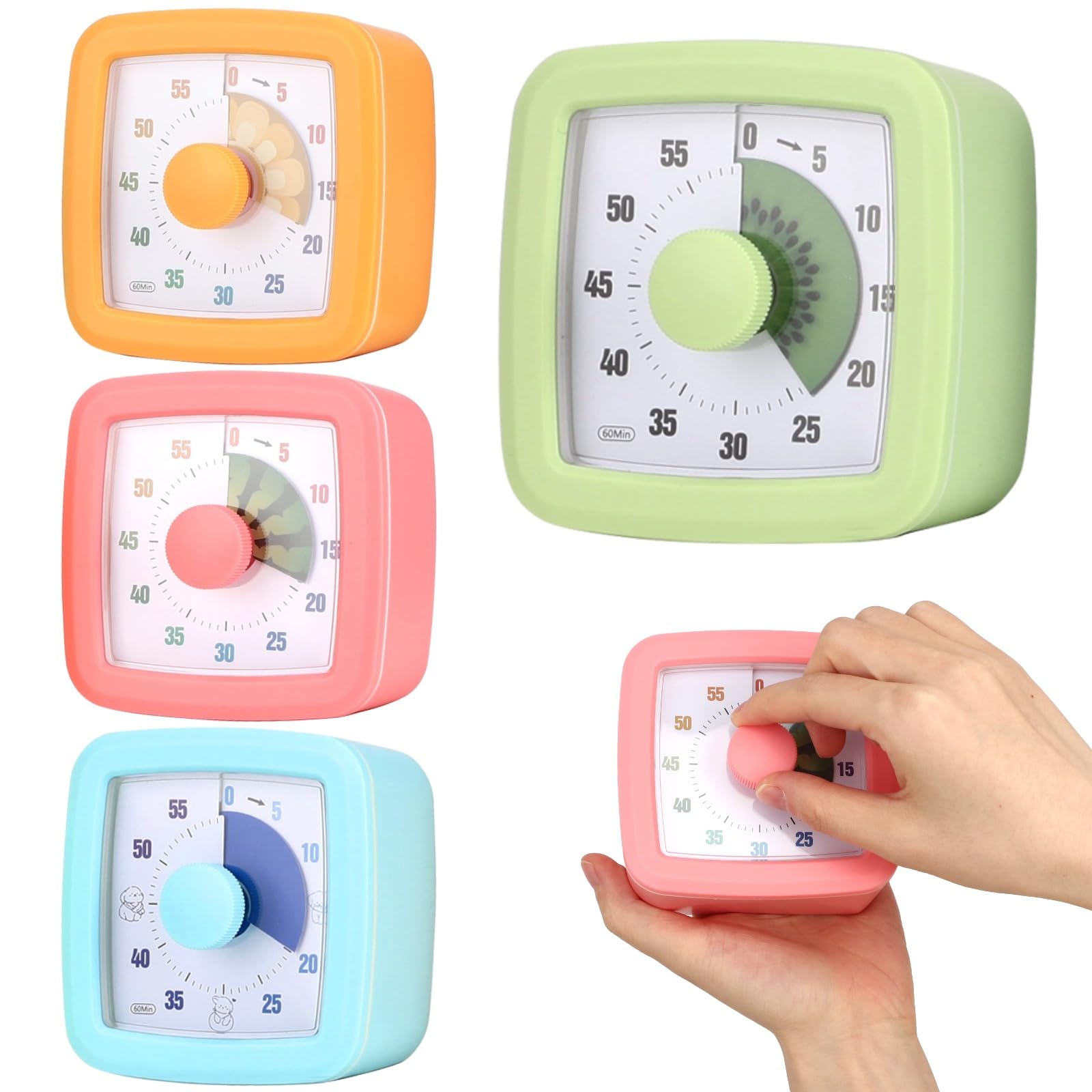 4 PCS Visual Timer, 60 Minutes Countdown Clock, Colored Mechanical Time Management Tool, Quiet Operation Design with Clear Dial Display for Reading, Home Office Focus, Productivity Training