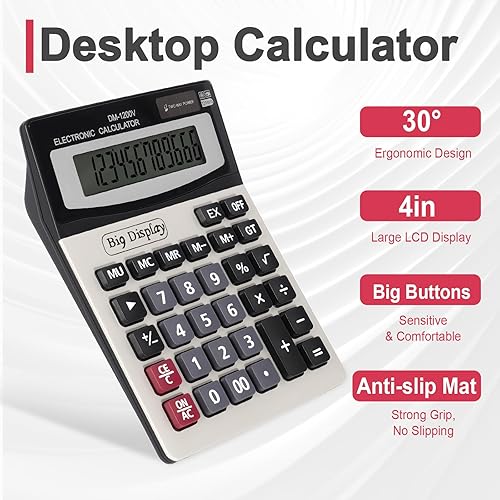 Miniatura 4 de Calculadora de escritorio, pantalla LCD extragrande de 4 pulgadas, 12 dígitos, energía solar y de batería dual, calculadoras de escritorio con