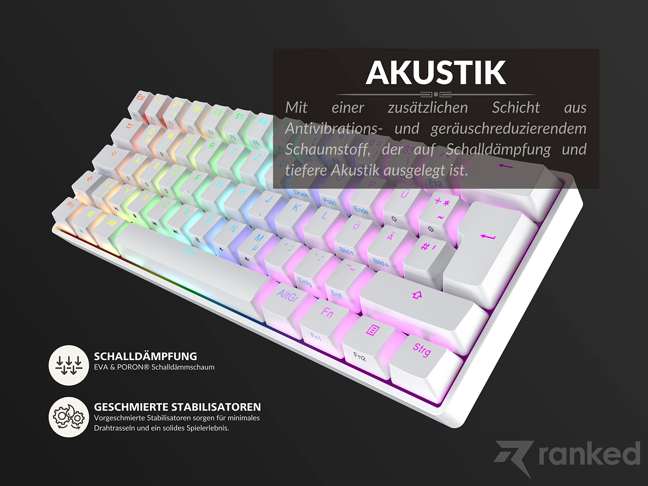 Ranked N60 Nova 60%| Mechaniczna Klawiatura do Gier | 62 Klawiszy Podświetlenia RGB | PC/MAC Gamer | Układ QWERTZ ISO DE (Bialy, Gateron Pro Brown)