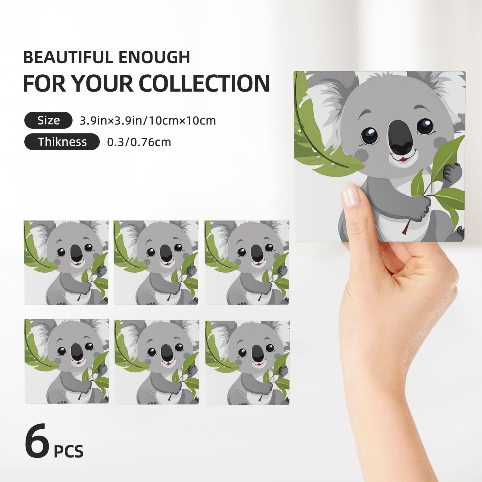 Keramikuntersetzer mit niedlichem Koala-Muster, quadratisch, saugfähig, mit Halter, für Zuhause, Büro, Bar, Restaurant, 6 Stück