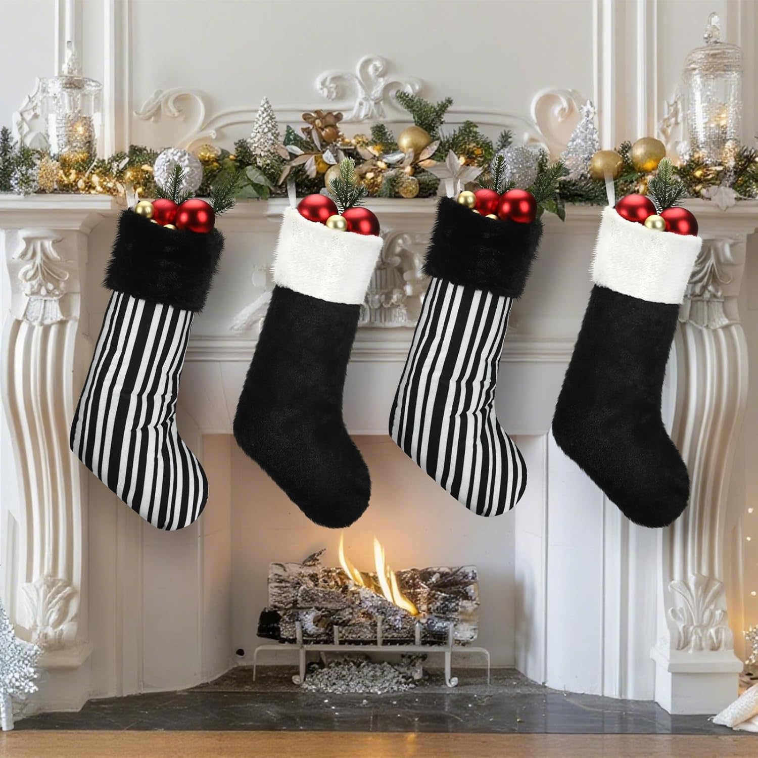 Realspring 4 Pcs Black Christmas Stocking 19" Black and White Christmas Stockings with Plush Cuff Xmas Faux Fur Hanging Sock Classic Fireplace Hanging Ornament for Xmas Tree Party Favors