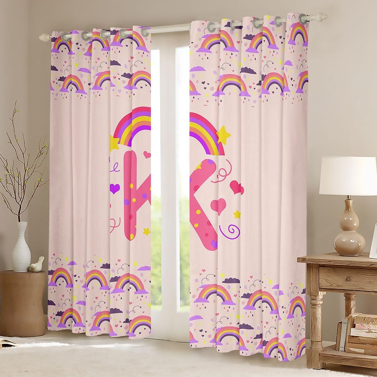 Feelyou Cute Pink Rainbow Blackout Curtains Personalized Initial K Darkening Drapes for Bedroom Living Room Decor Heart Thermal Insulated Shades Love Window Treatments, 2 Panels 38 x 45 Inch Kawaii image 2