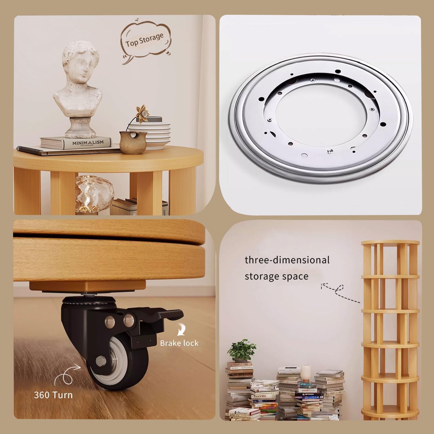Tour d'étagères rotative en bois de 6 étages avec roues, étagères rotatives à 360° pour adultes et enfants, chambre à coucher, salon, bureau, coin, étagères rotatives naturelles (Couleur du bois brut)