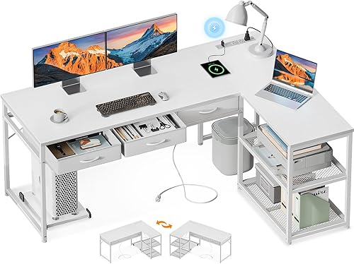 Miniatura 9 de AODK Escritorio de computadora en forma de L de 53 pulgadas con cajones, escritorio de esquina con tomas de corriente y estantes de almacenamiento