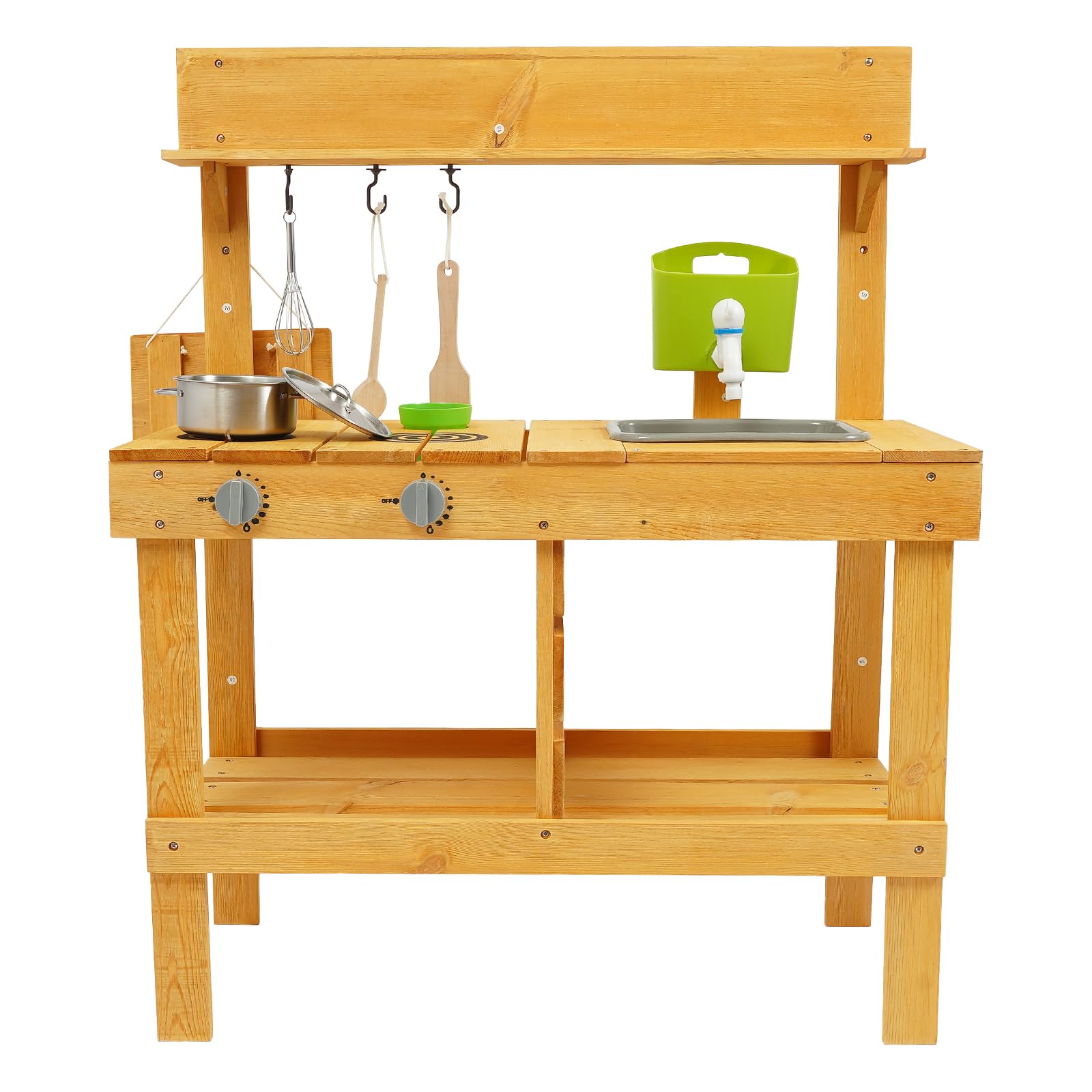Matschküche Kinder Outdoor Holz Spielküche mit Echtem Waschbecken Küchenzubehör, Gartenspielzeug mit Wasserspender und Töpfen, Mud Kitchen für Gießen Sensorisches Spielen, Montessori Lernspielzeug