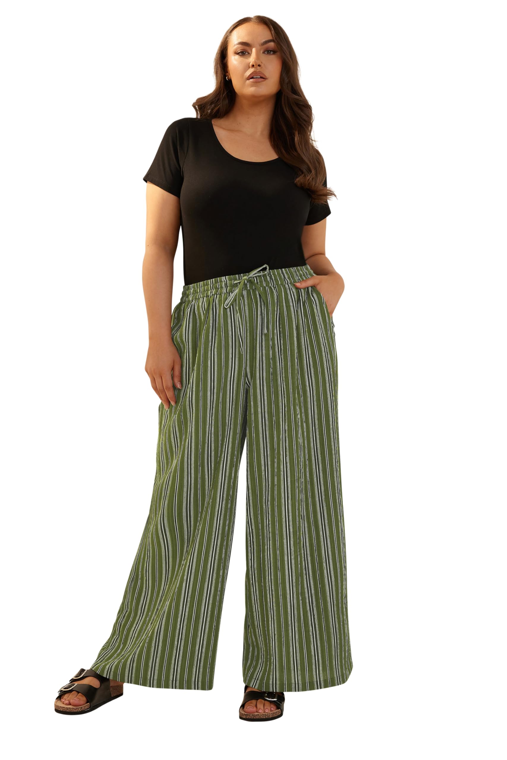 Yours Women's Dark Green Curve Green Stripe Textured Wide Leg Trousers - Plus Size Curve