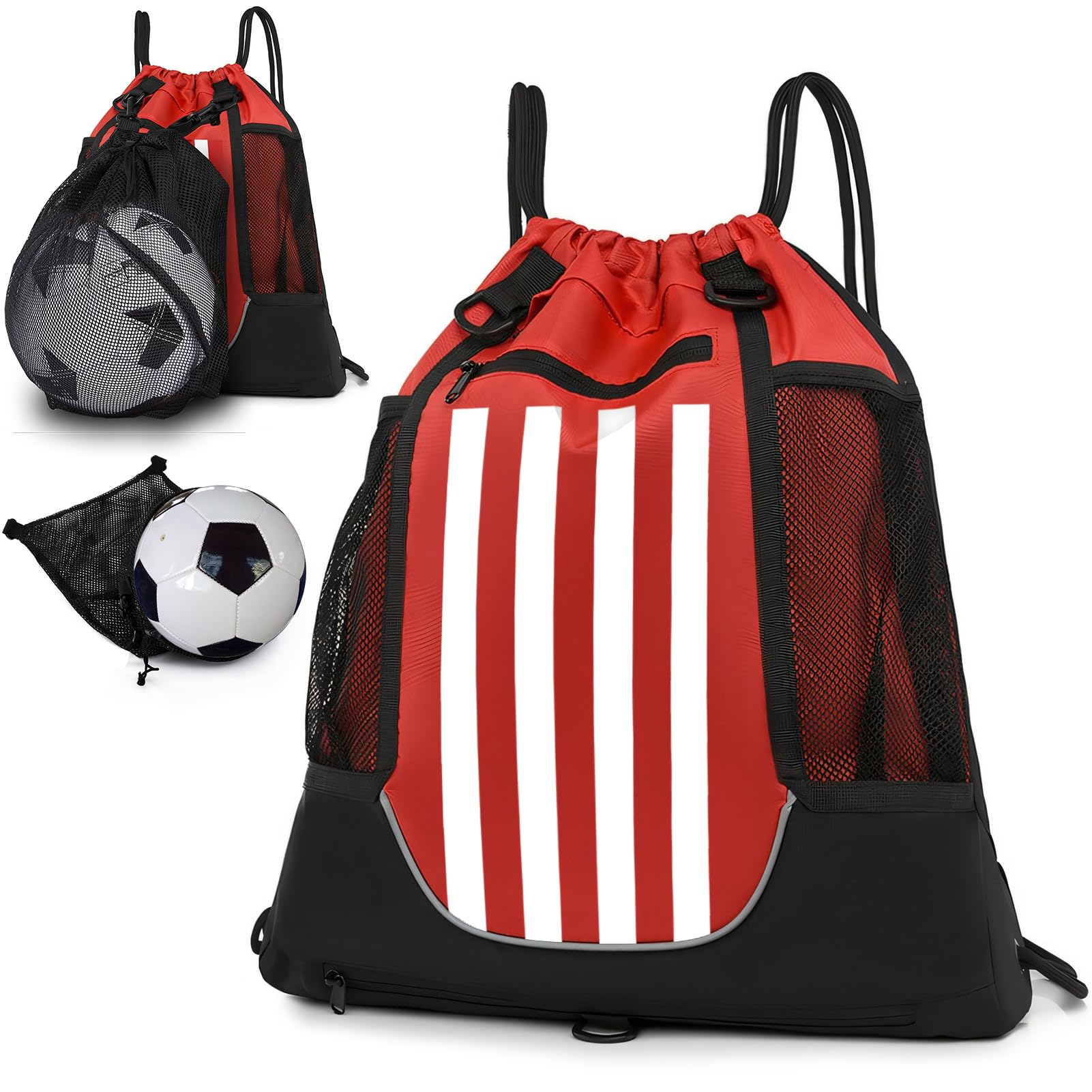 STAY GENT Drawstring Basketball Rucksack für Kinder Jugendliche Erwachsene, Foldable Fußball Volleyball Sporttasche mit Abnehmbarem Ball-Netztasche für Turnhalle Yoga Wandern, Rot Weiß Streifen