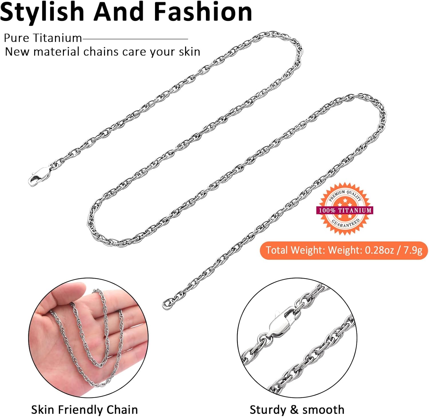 SanThree 3.8mm Pure Titanium Twist Chain Necklace for Men, Ultra Light Welded Skin Friendly Chains Necklace Jewelry Gifts for Sensitive Skin Men Women Birthday Graduation Christmas Anniversaries, 23.62” - Image 6