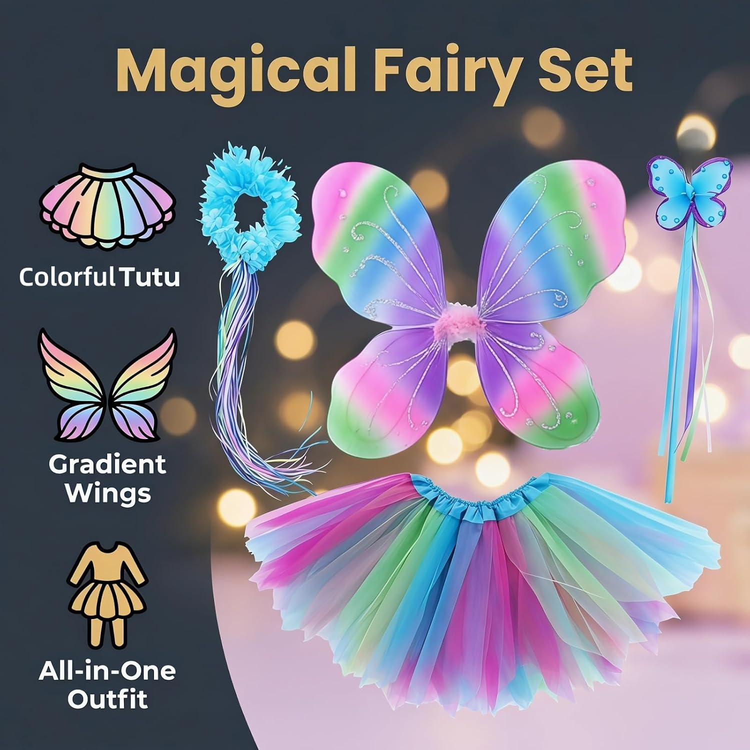 4 PC Girls Princess Fairy Costume Set with Butterfly Wings, Tutu, Wand & Halo