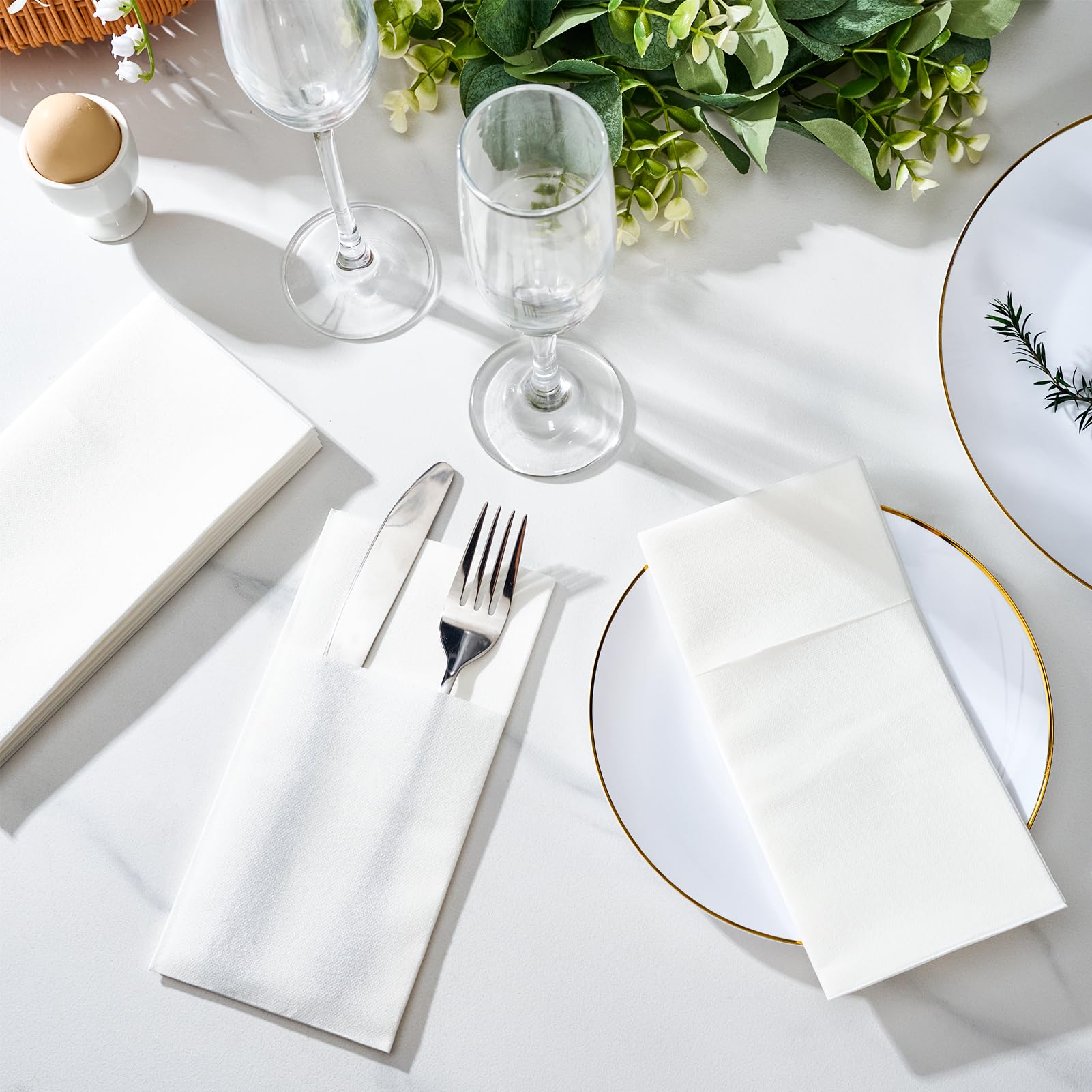 FOCUSLINE 200 servilletas desechables como servilletas, bolsillo integrado para cubiertos, servilletas de papel preplegadas blancas, servilletas de cena con tacto de lino para bodas, fiestas o eventos