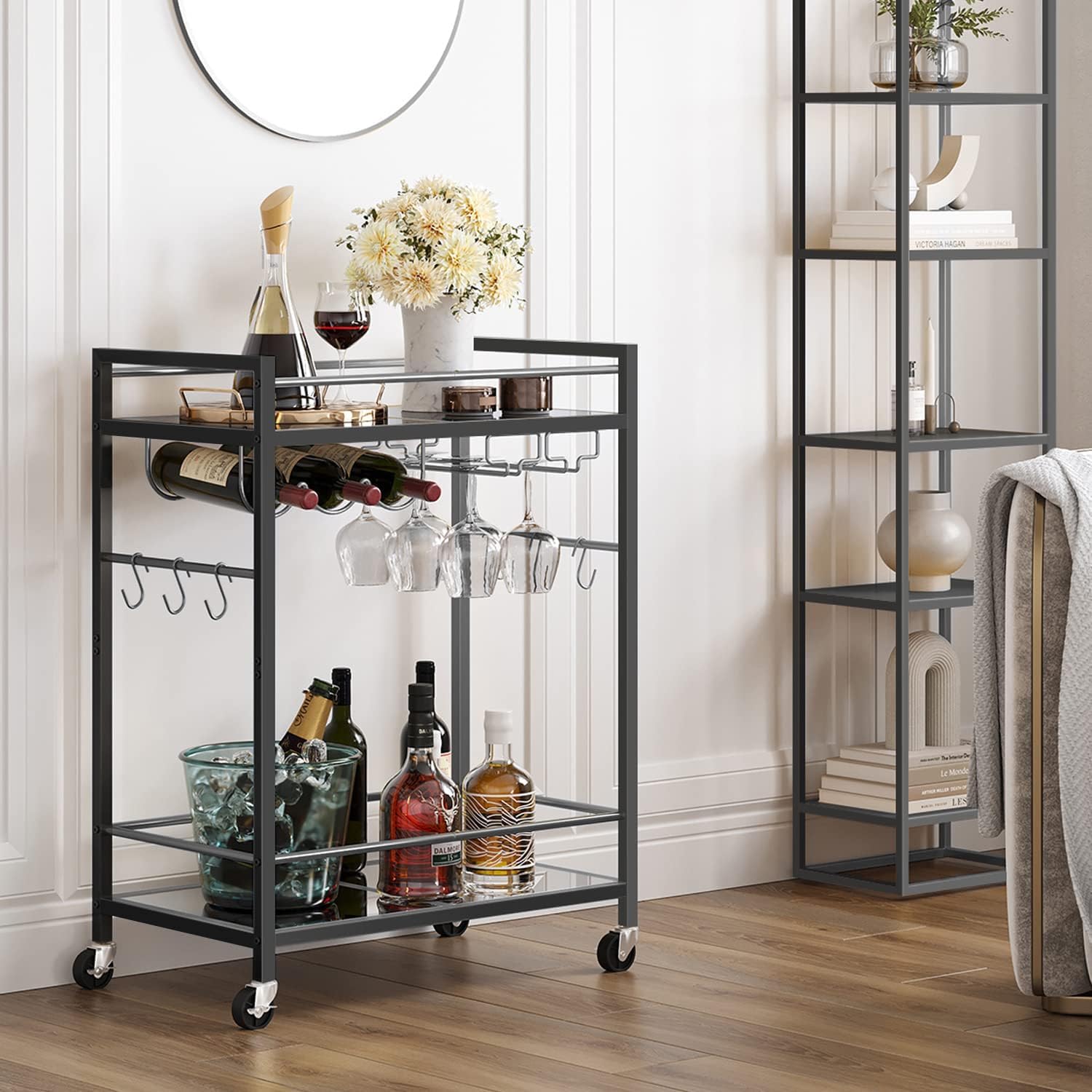 S A Iron Art Iron Bar Cart, Serving Cart - for Home, Microwave Cart, Drink Cart, Mobile Kitchen Shelf with Wine Rack and Glass Holder, Rolling Beverage Cart