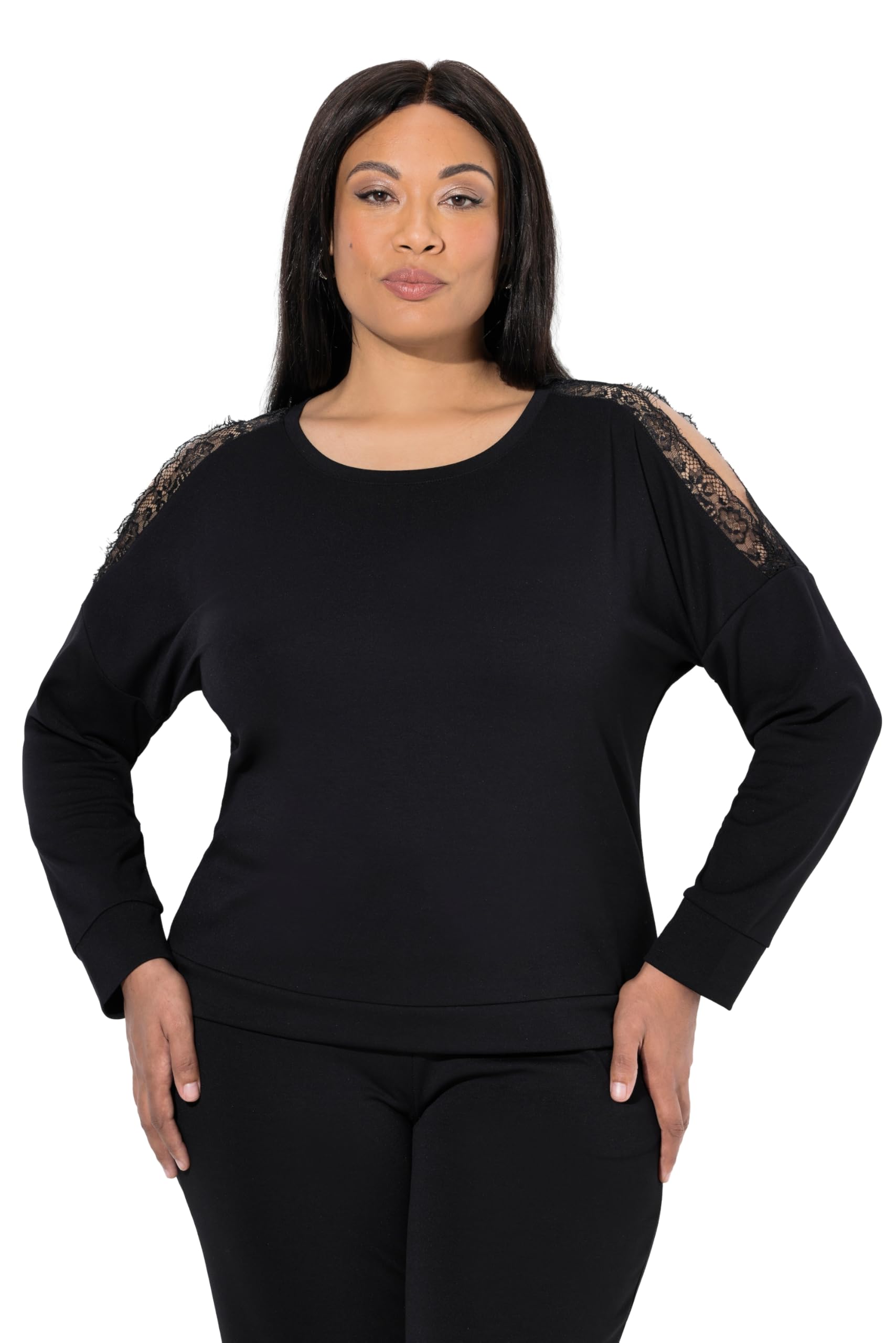 Ulla Popken Damen große Größen Übergrößen Plus Size Sweatshirt, Spitzeneinsatz, Rundhals, Langarm 847398