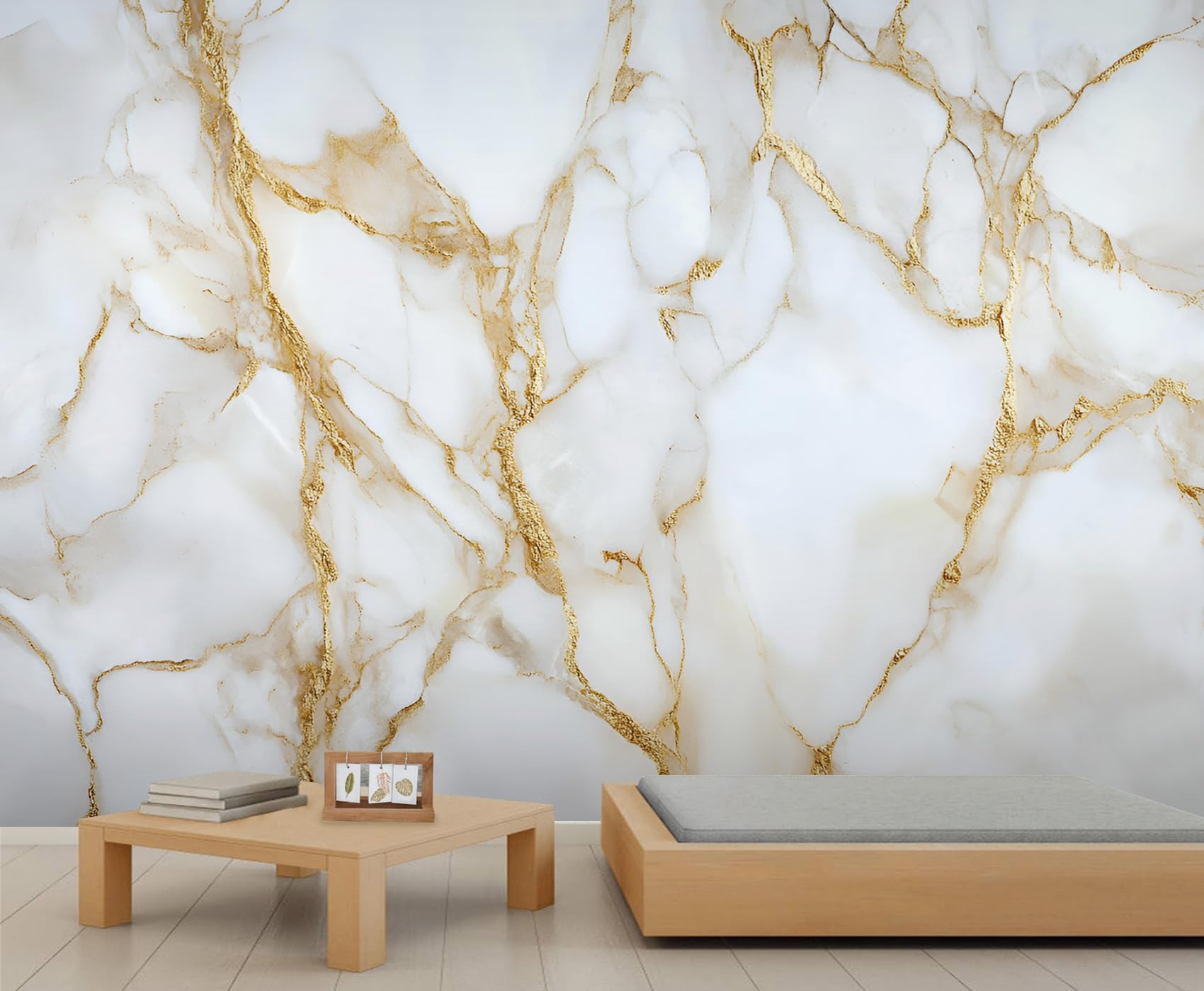 Papier peint effet marbre chic et lignes dorées, fresque moderne intissé pour salon et chambre