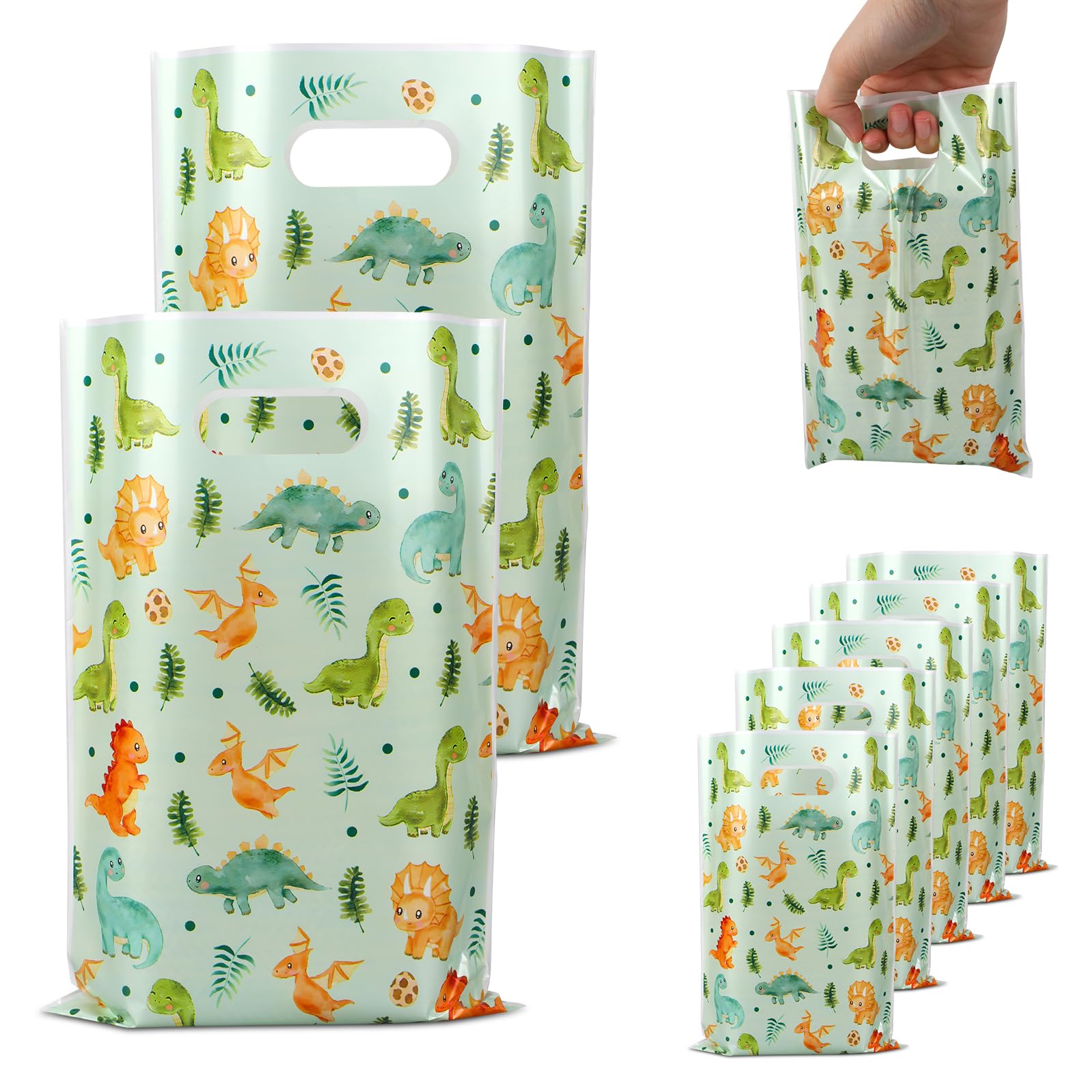 50pcs Dinosaur Goodie Bags, 25x16.5cm/9.84x6.49 Inch Animal Dino Treat Bags with Handle Candy Packing Stuff Dinosaur Themed Party Favors Gift Decoration for Birthday Baby