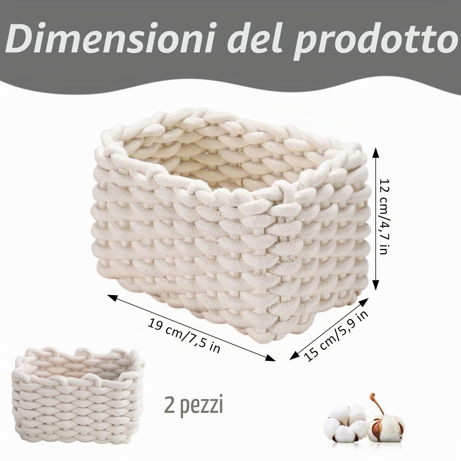 Cestini Portaoggetti, 2 Pezzi Cestini Portaoggetti in Corda di Cotone Intrecciato, 19x15x12cm Cesto Portaoggetti Intrecciato, per Tavolo da Toilette, Bagno, Camera da letto(Bianco)