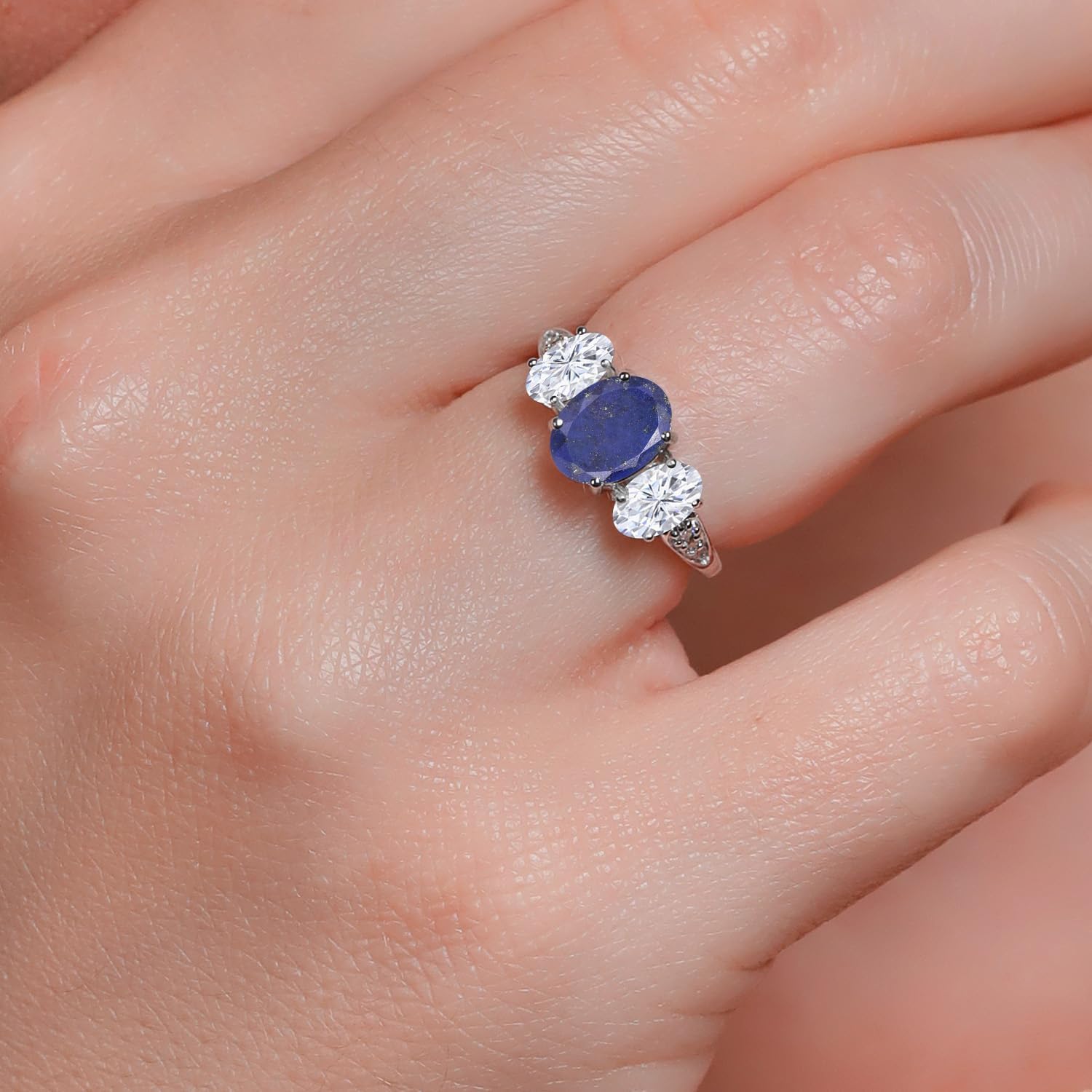 Gem Stone King 10K White Gold Blue Lapis White Moissanite and White Lab Grown Diamond 3 Stone Engagement Ring For Women (2.44 Cttw, Gemstone Birthstone)