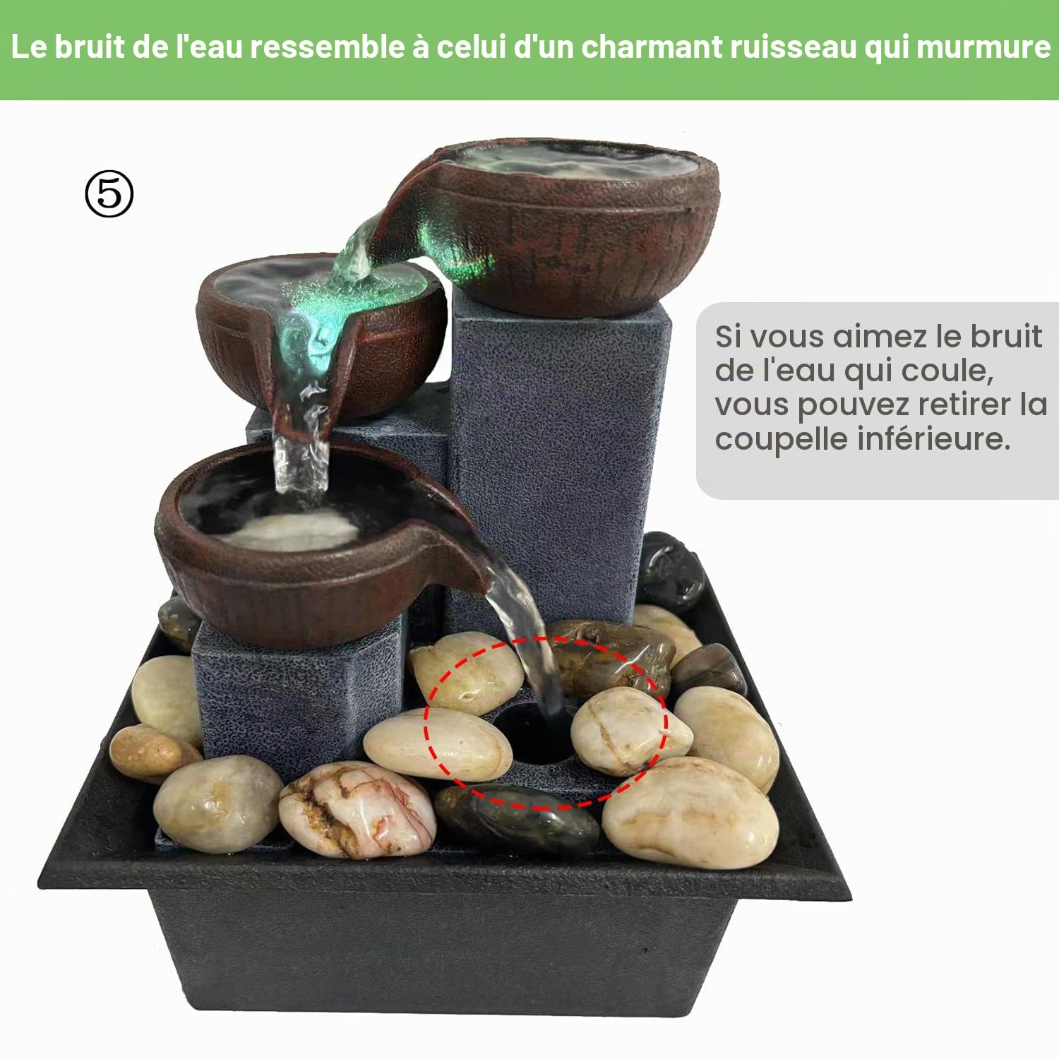 Fontaine de table Zen pour la méditation, fontaine d'eau de bureau avec lumière LED et roches de rivière naturelles pour le bureau, la maison, la chambre à coucher