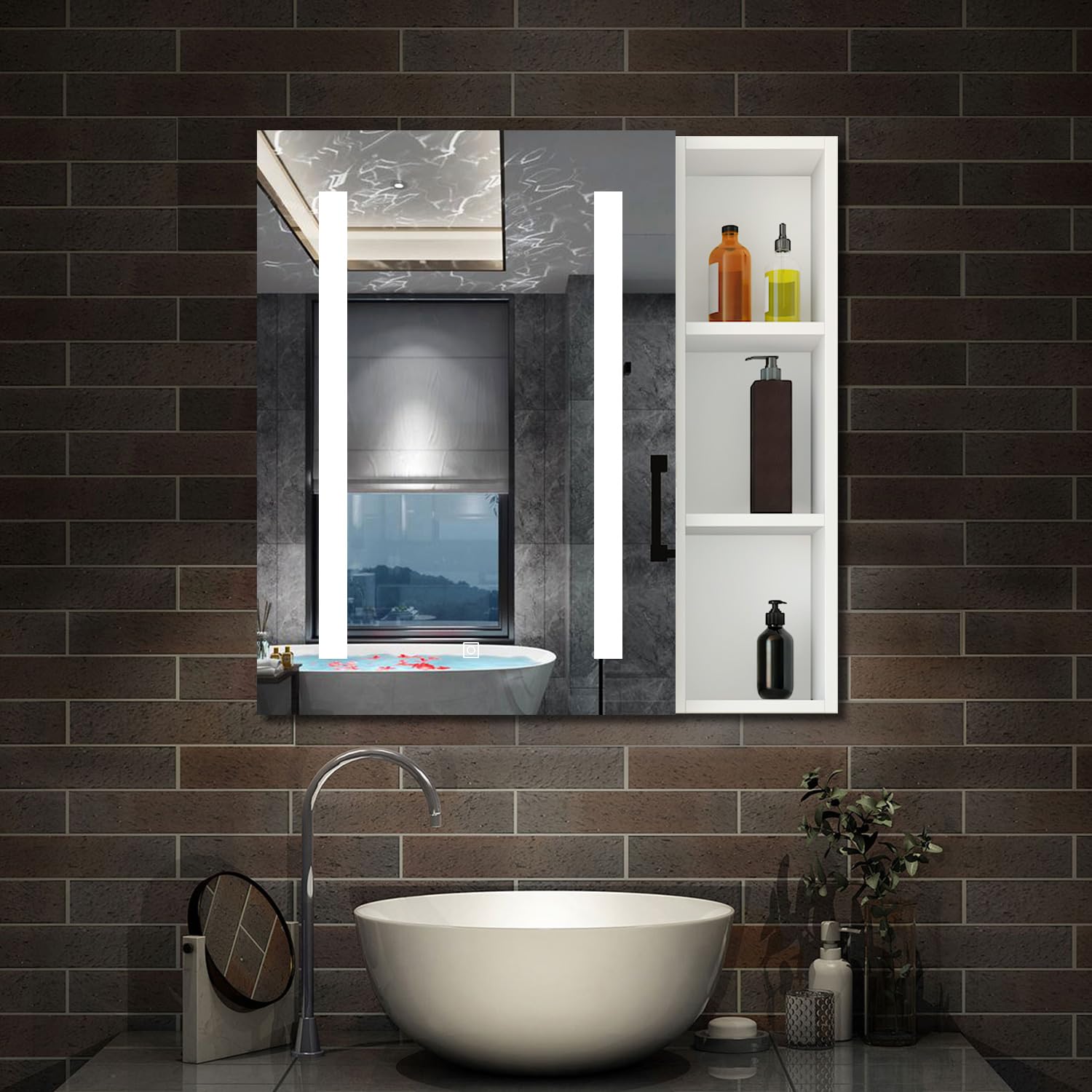 AICA Armoire de Toilette avec Miroir LED et Étagère Latérale, Anti-Buée, Éclairage 3 Couleurs + Prise, Blanc 60x70 cm