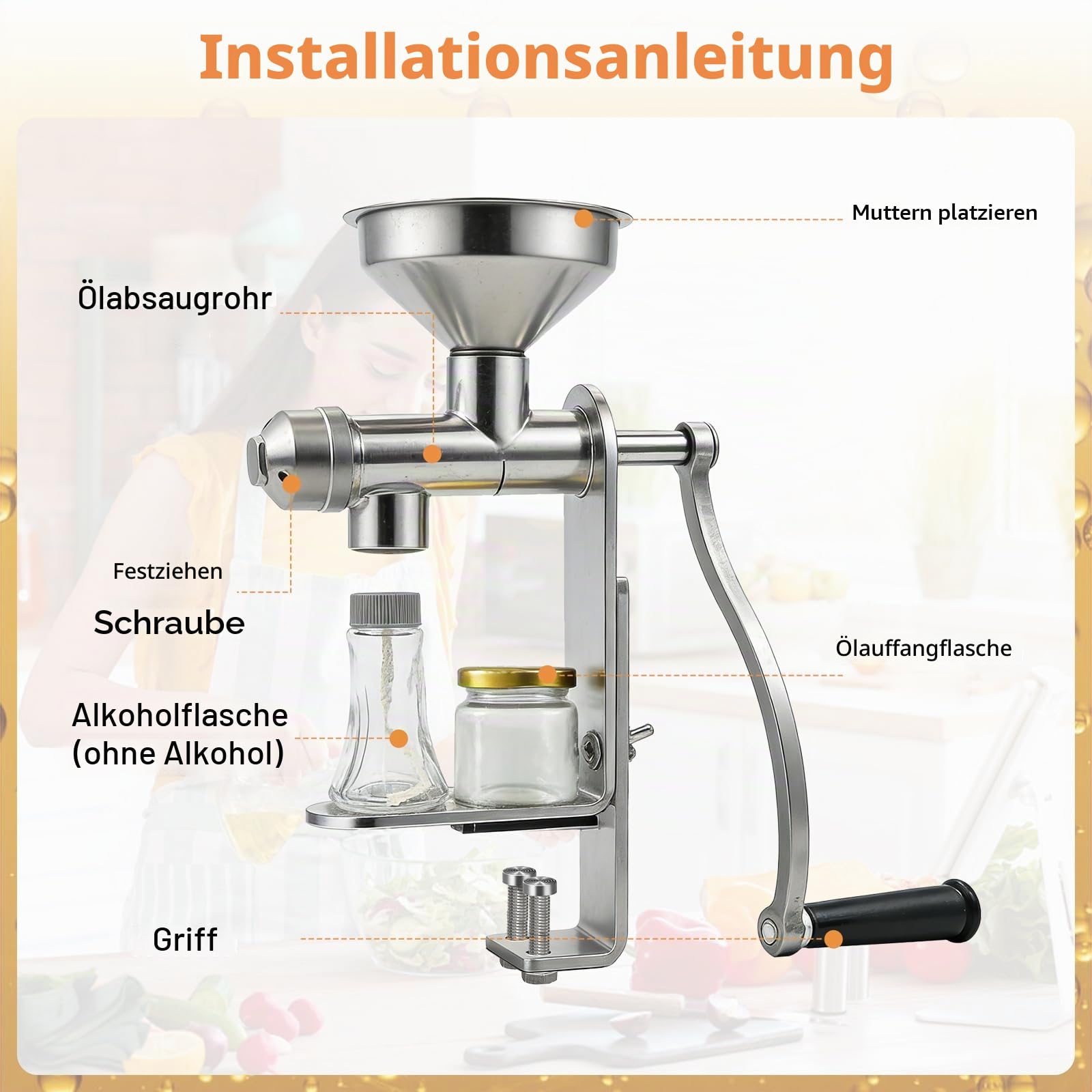 Ölpressmaschine Manuell, Manuelle Ölpresse mit Filtersieb | Edelstahl Hand-Ölpresse für den Haushalt, für Erdnüsse, Sonnenblumenkerne und Walnüsse, ohne Strom, Kaltpresswerkzeug