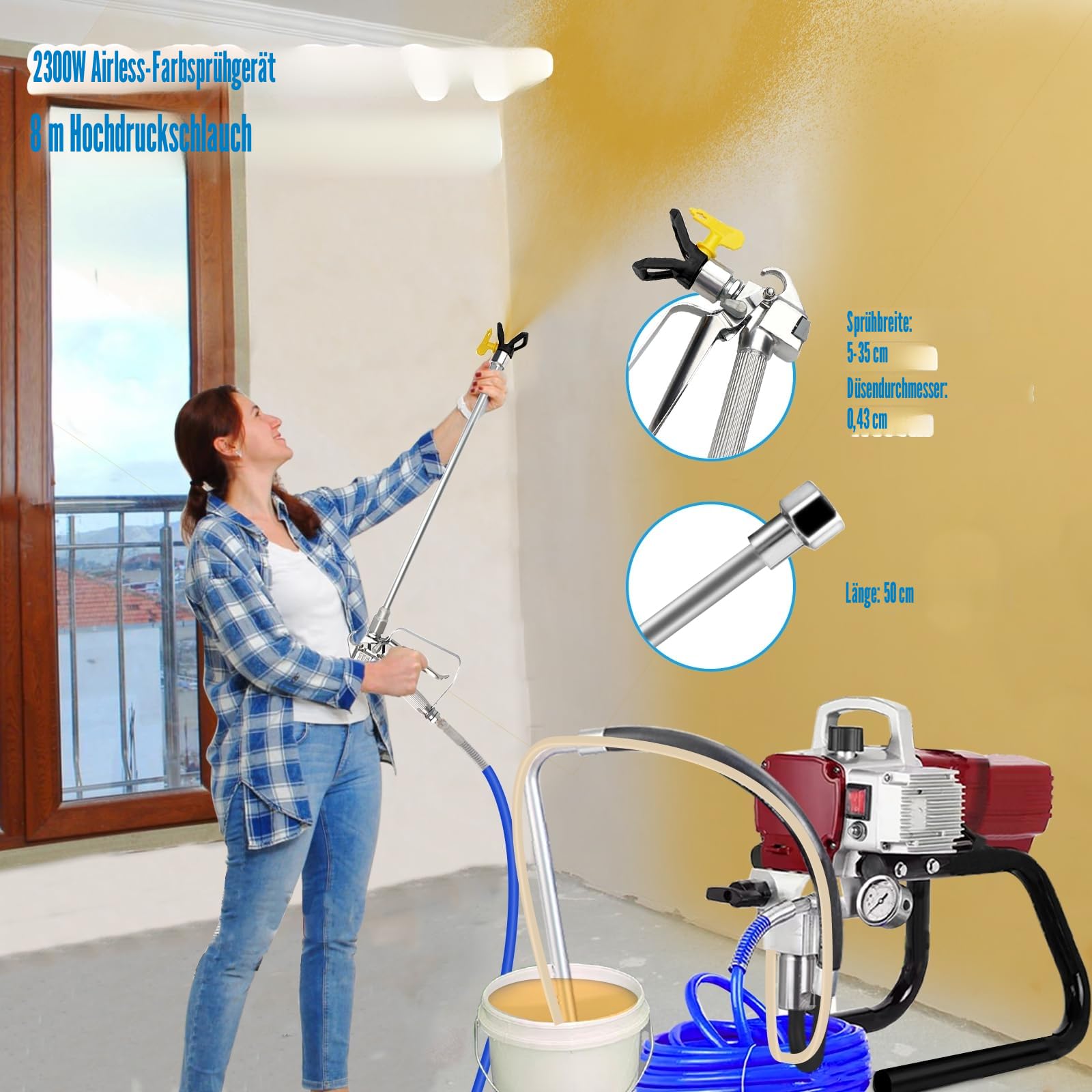 Airless Hochdruck-Sprühgerät 2300W Sprühpistole für großflächige Sprühprojekte, wie Hausfassaden, Decke,Terrassen, DIY-Malprojekte,etc., Effizientes Wandfarbe Sprühgerät Max Durchfluss: 2.3L/min