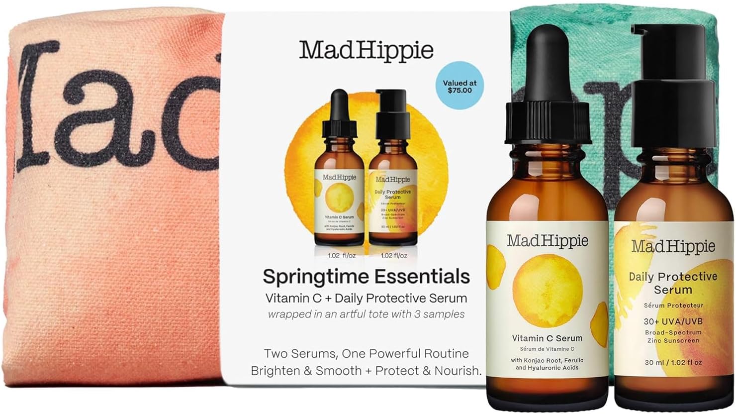 Mad Hippie Vitamin C Serum, Daily Protective SPF Serum + 3 Assorted Pillow Packs โ โSpringtime Essentialsโ Wrapped in Watercolor Dots Canvas Tote Bag