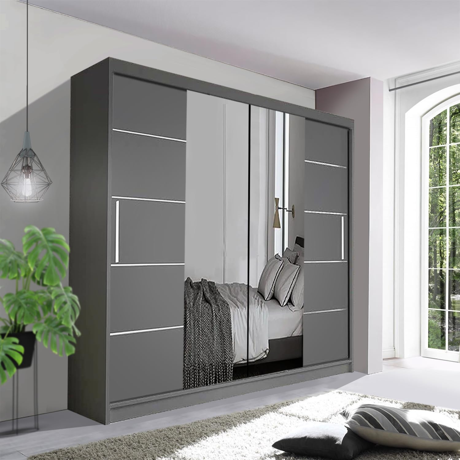 Spacious Bedroom Sliding Wardrobe - Sleek and Functional Design comes in White/Grey/Black/Oak and Width 150cm/180cm/203cm/250cm (Grey, 180cm) Grey 180cm