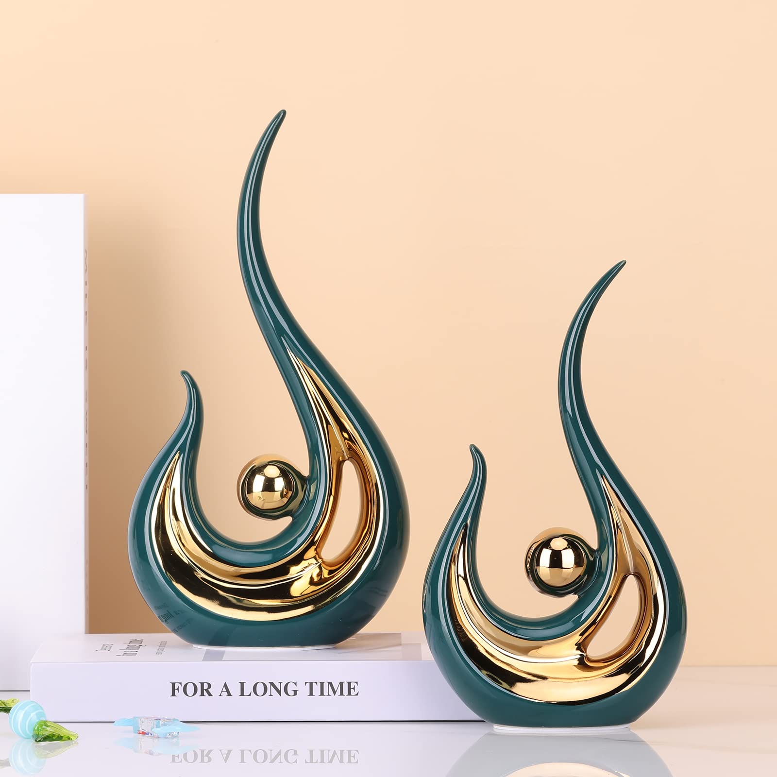 LCCCK Teal Center Pieces Decoratie voor Tafel, Moderne Abstracte Kunst Keramische Standbeeld en Sculptuur, Esthetisch Groen en Goud Home Decor, voor Boekenplank Kamer Tv Stand Decor Adornos para Sala