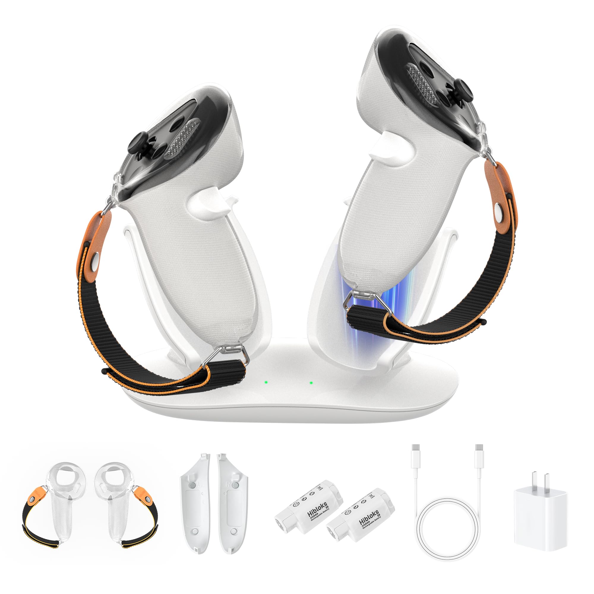 HiBloks - Base de carga para Meta Quest 3, carga inalámbrica magnética para controlador Oculus Quest 3S con 2 fundas de agarre de silicona, adaptador de 20 W, 2 baterías recargables, 2 cubiertas de