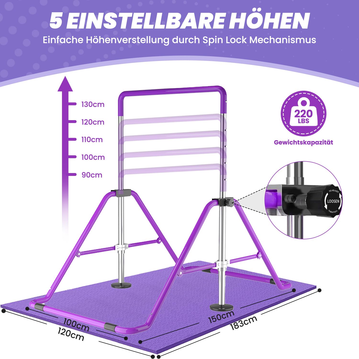 DOBESTS Gymnastikstange, Höhenverstellbares Turnreck 90-130cm, Faltbar | Mit Turnringen & Matte, bis 100 kg belastbar – platzsparend faltbares Gymnastikgerät für Zuhause, Fitnessraum & Garten