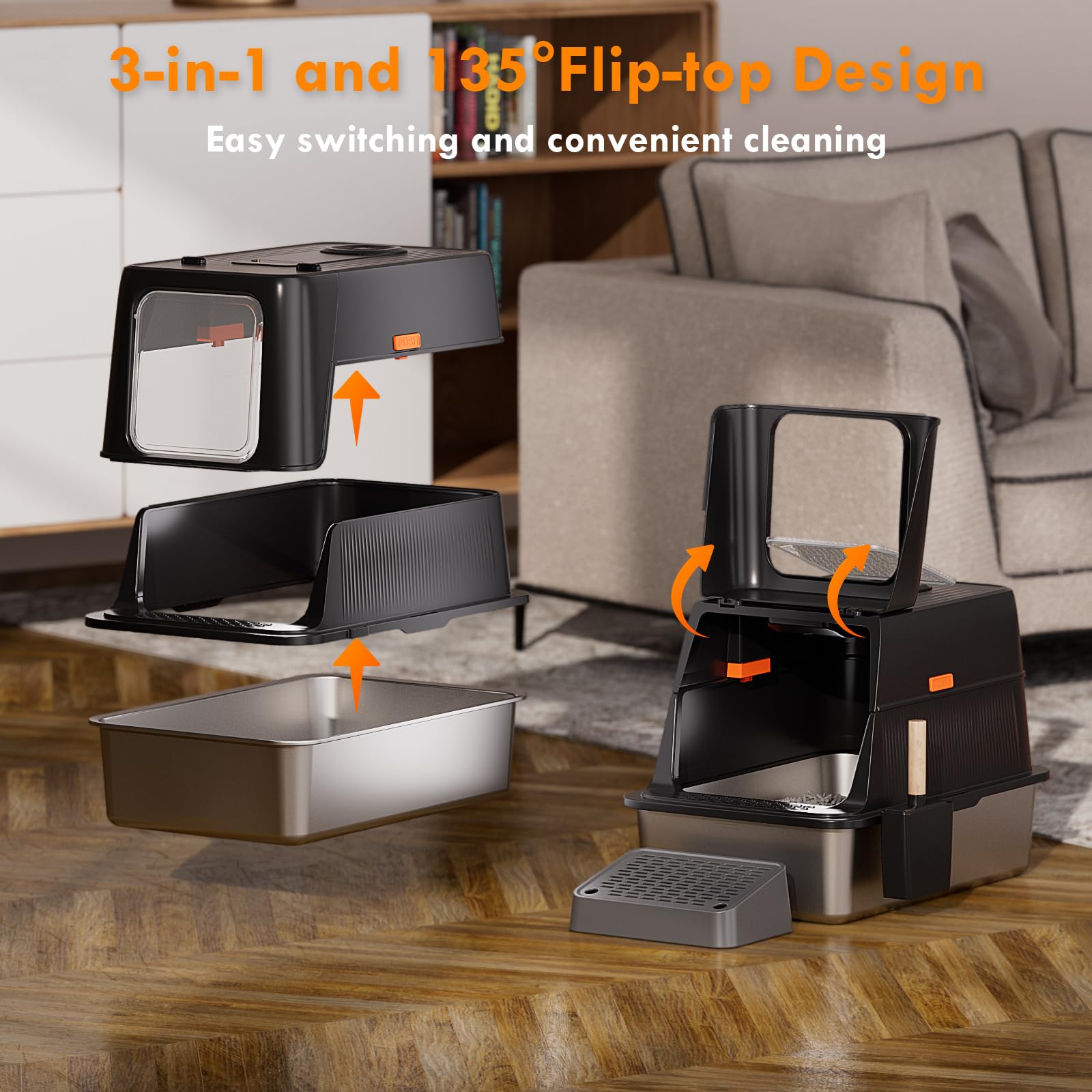Smart Odor Control Cat Litter Box with Lid, Stainless Steel Cat Litter Box with Infrared Sensor, Large Litter Boxs for Cats, 3 in 1 Design and 135&deg; Flip-Top, Litter Scoop & Foot Pedal - image 5