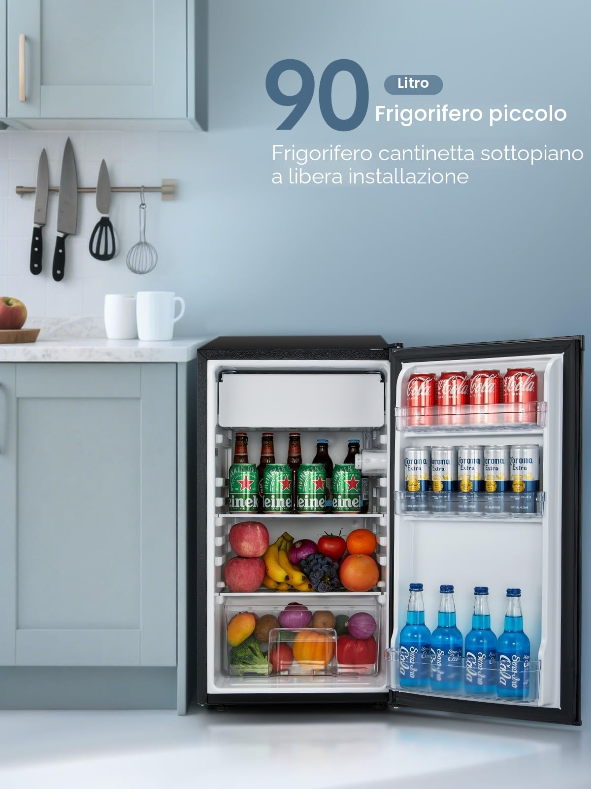 FOHERE Frigorifero Piccolo 91L con Freezer, Frigorifero Monoporta, Silenzioso, 7 Termostato Regolabile, Scomparto per Verdure, Mini Frigo da Ufficio, Camera, Nero
