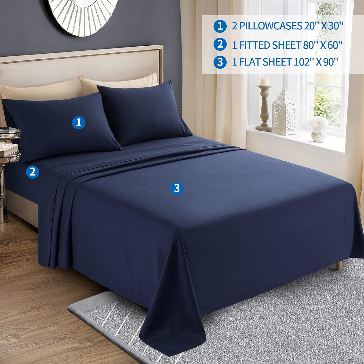 KKJIAF 4 Piece Bed Sheet Set, Microfiber Bed Sheet Queen Size, 1800 Thread Count Microfiber Soft & Breathable Bedding Sheet Sets, Deep Pocket Fitted Sheet, Flat Sheet and 2 Pillowcases - Navy Blue : Home & Kitchen