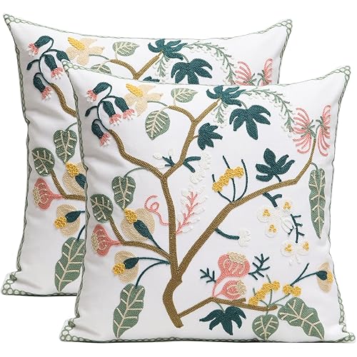 Pack of 2 Embroidered Decorative Throw Pillow Cover 18x18 Inch Farmhouse Floral Pillowcase for Living Room Sofa Bed (Spring Tree Floral)