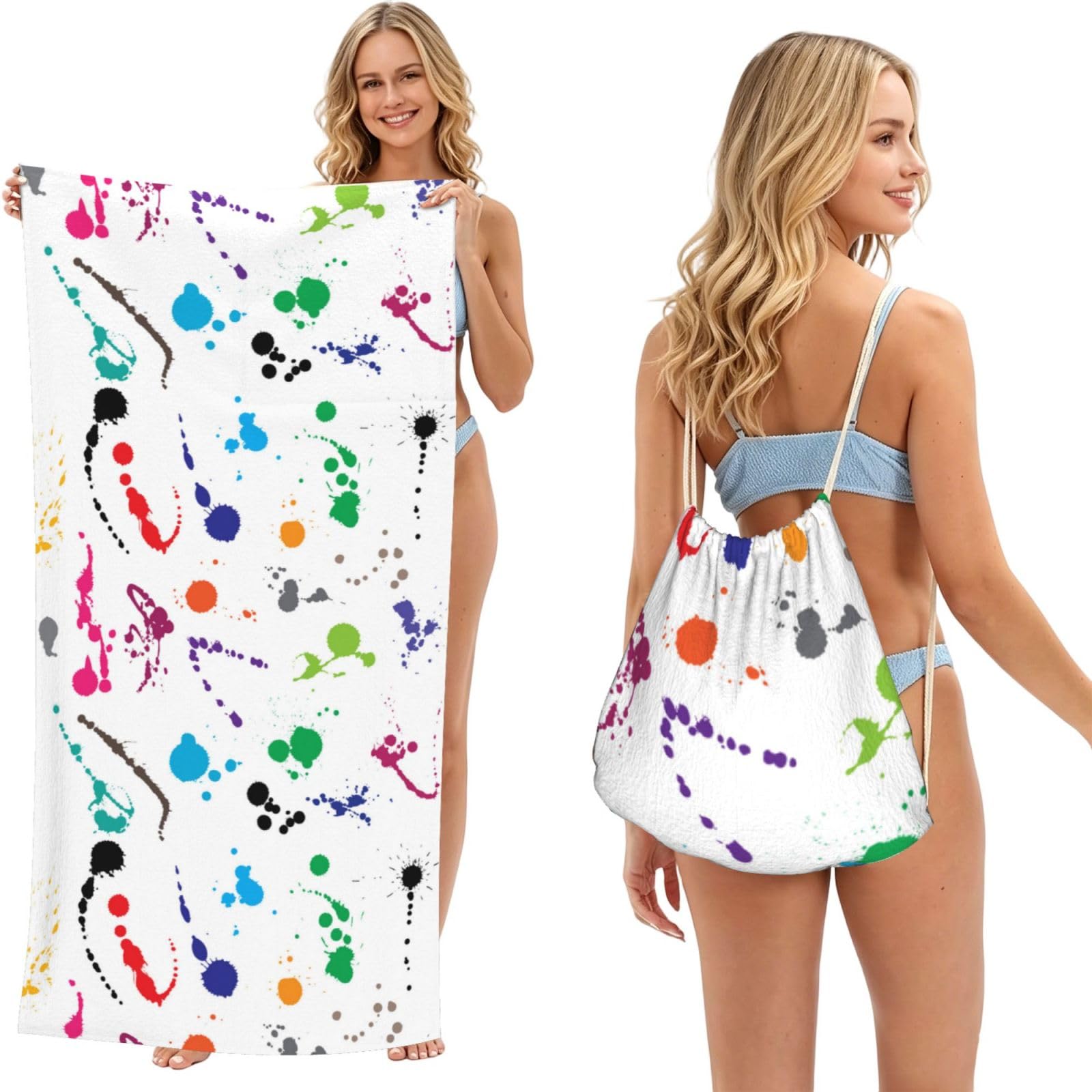 Poadnly As Picture Abstract Paint Splashes Printed, 2 In 1 Packable Towel Bag, Beach Towels With Drawstring Backpack For Travel Holiday Camping
