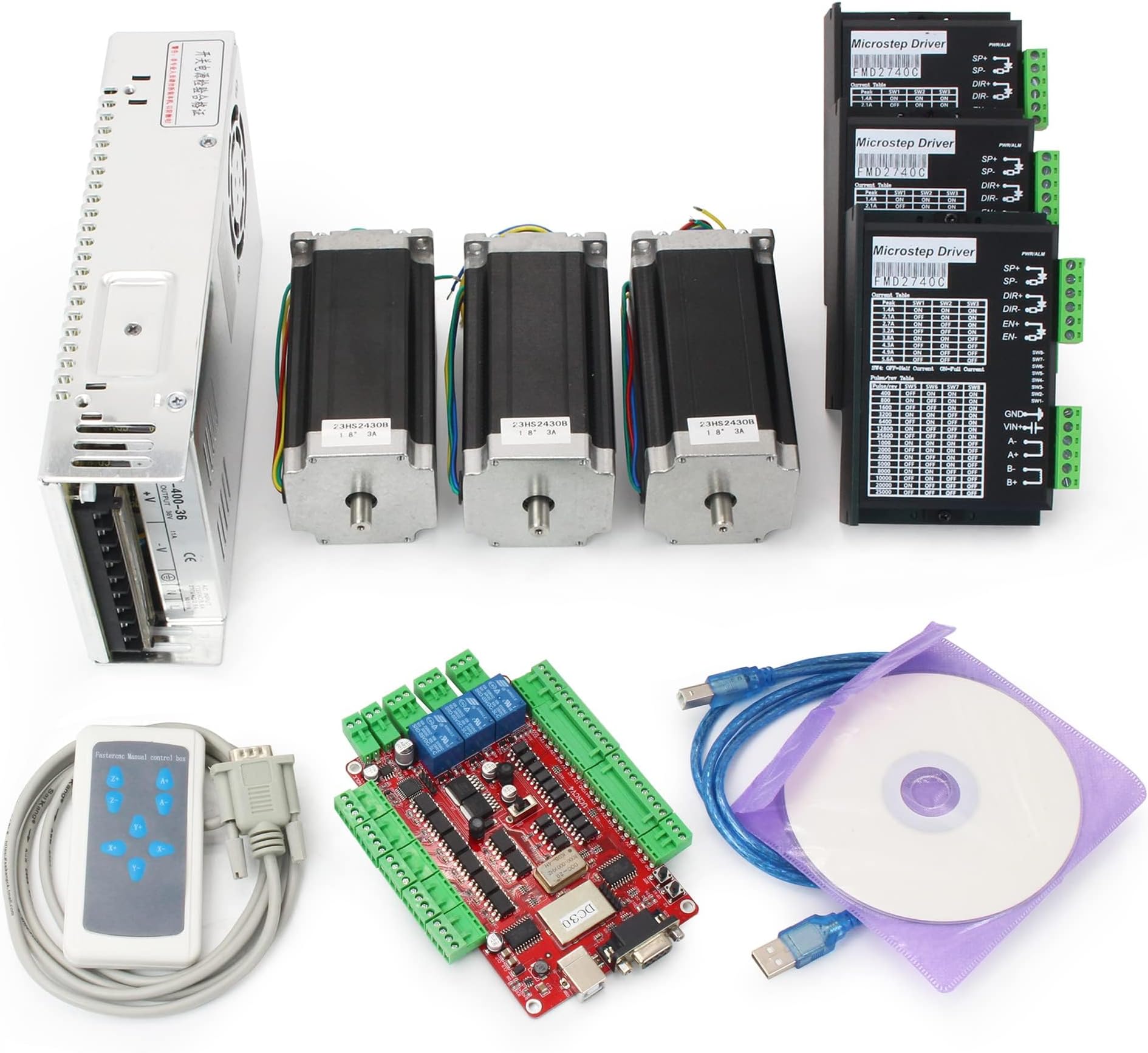 RATTMMOTOR 3 Axis USB CNC Controller Kit,Nema23 Stepper Motor 425oz-in 3A 112mm,FMD2740C Driver 4A,USB Interface Card USBCNC Control Breakout Board,36V Power Supply CNC Router Machine Kit