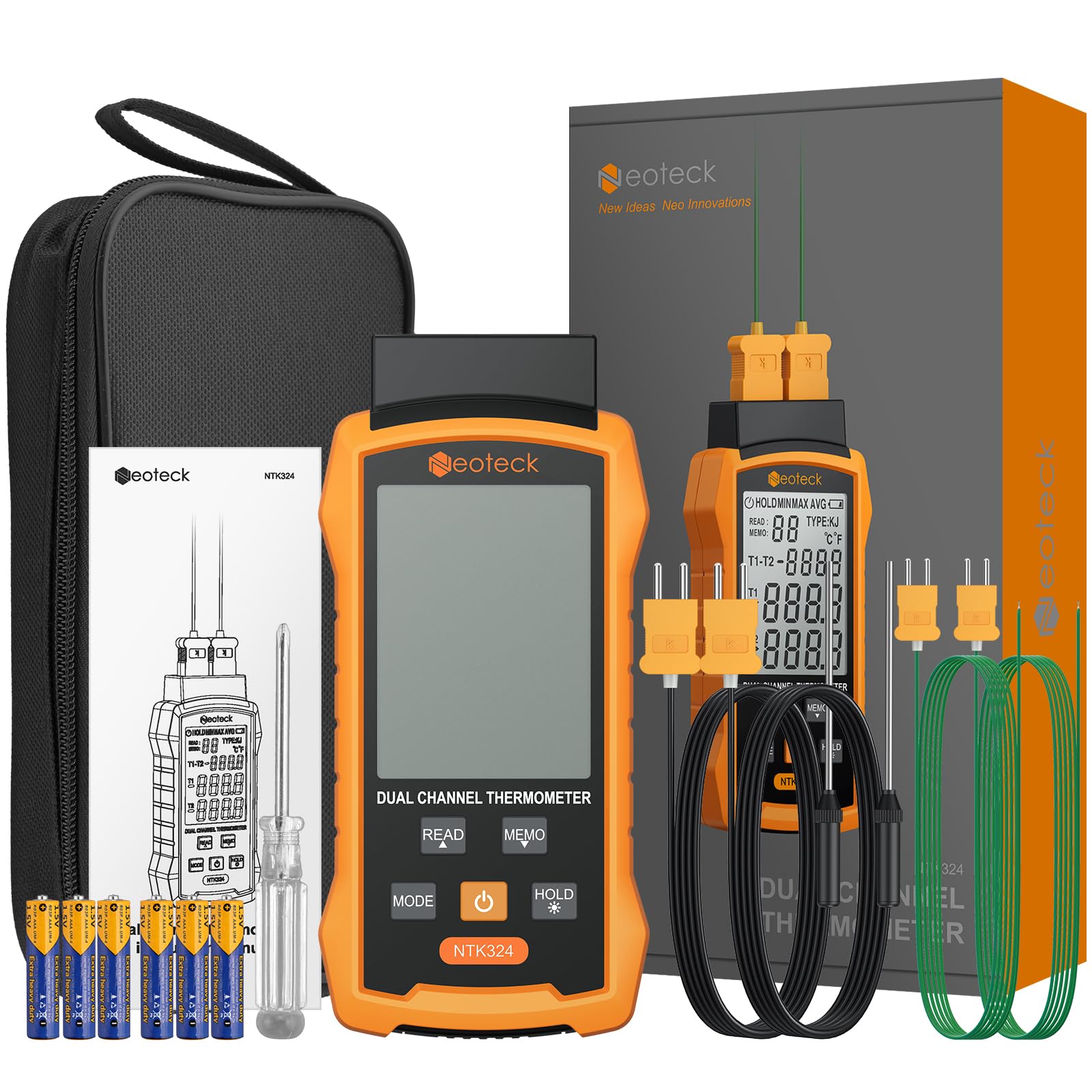 Neoteck Termometro a Doppio Termocoppia -50~1300℃ Digitale 2 Canali Tipo K/J con 4 Sonde, Memoria 99 Dati, Display LCD Retroilluminato per HVAC