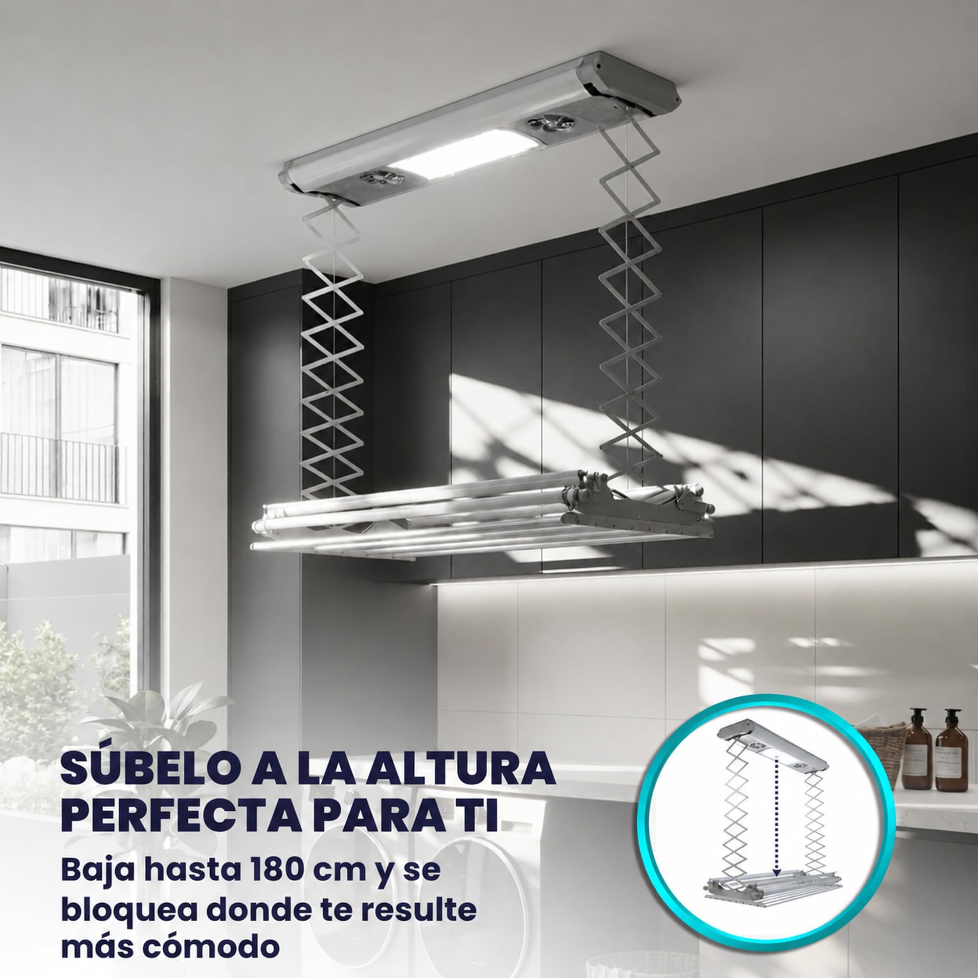 foxydry Air, tendedero eléctrico de Techo, con Mando, 122 cm | ahorra espacio, de aluminio, motorizado, extensible, apto para sábanas, soporta 35 kg, gris