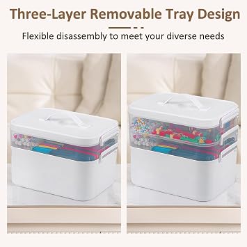 Gifhomfix 3-Layer Plastic Craft Organizers and Storage Box with Removable Trays, Storage Containers with lids and Handle, Art Supply Storage Organizer for Organizing Bead, Sewing, Tool