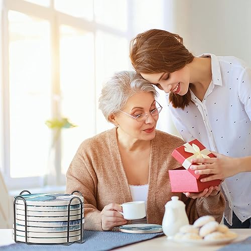 Miniatura 7 de 8 posavasos para bebidas con soporte, diseño de mármol océano, cerámica, absorbente, estilo océano, absorbente, con base de corcho para decoración