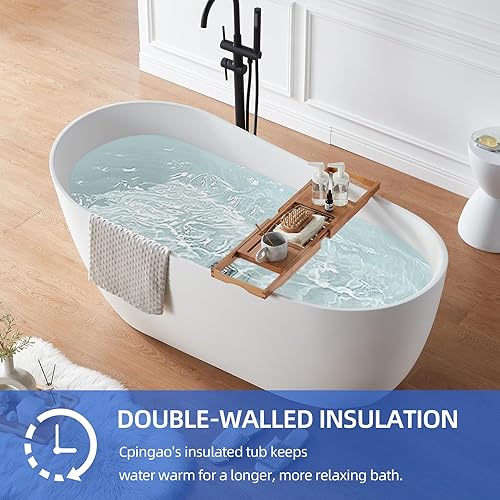 Miniatura 4 de Cpingao Bañera independiente de resina de piedra blanca mate con superficie sólida moderna tina de remojo independiente con desbordamiento y drenaje