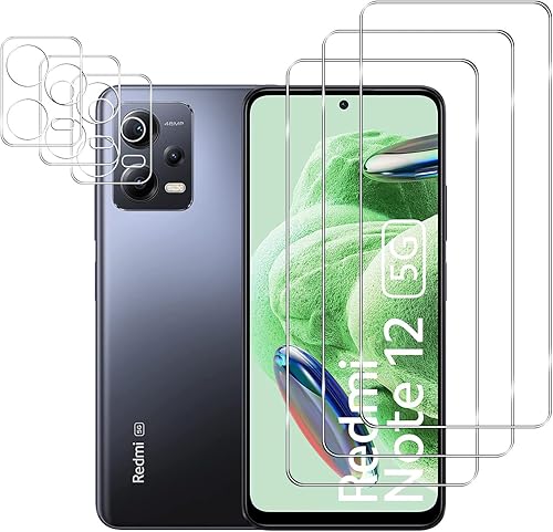[3+3] Paquete de 3 protectores de pantalla de vidrio templado para Xiaomi Redmi Note12 5G con 3 protectores de lente de cámara, transparente HD,