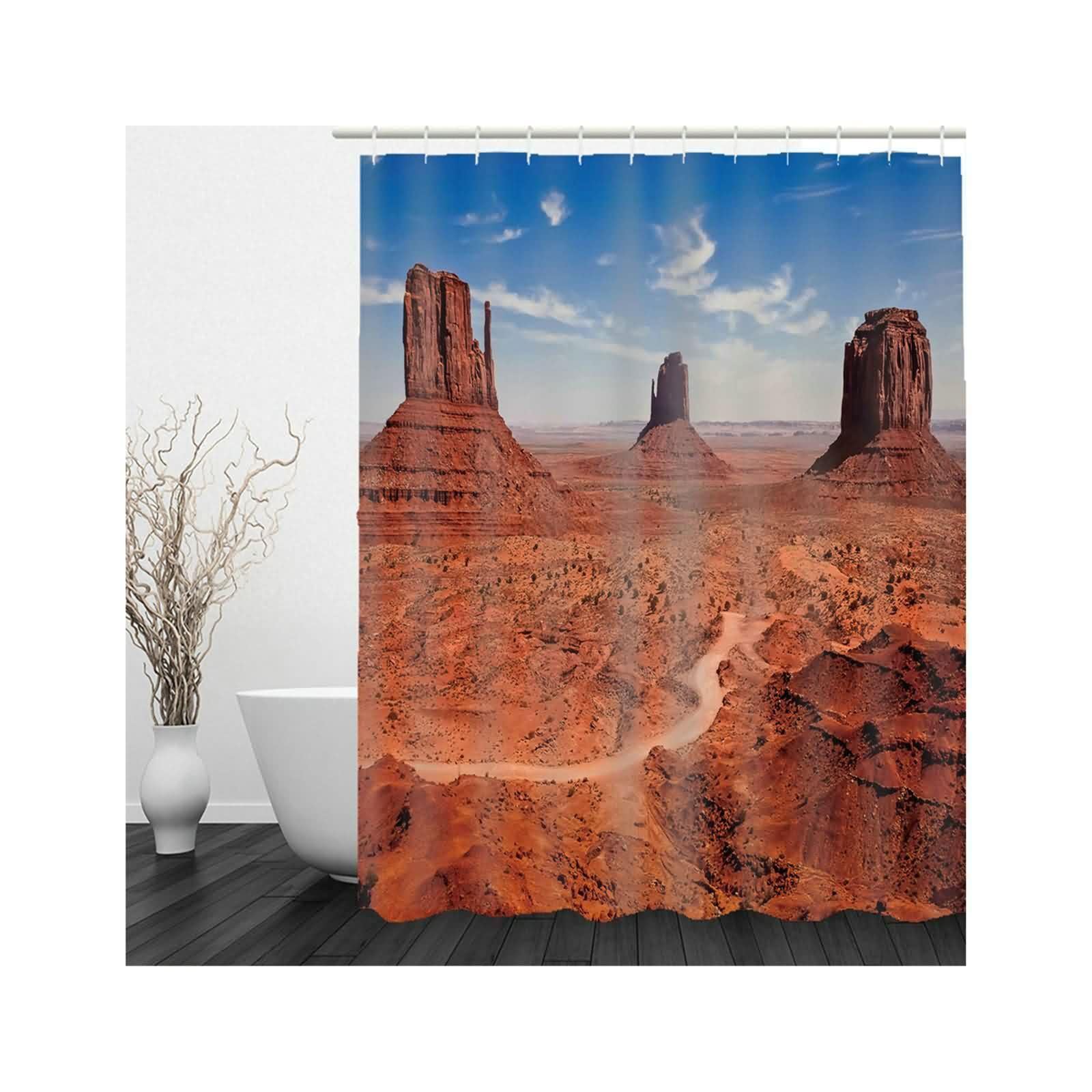 Rideau de douche en tissu polyester rouge et bleu motif paysage naturel