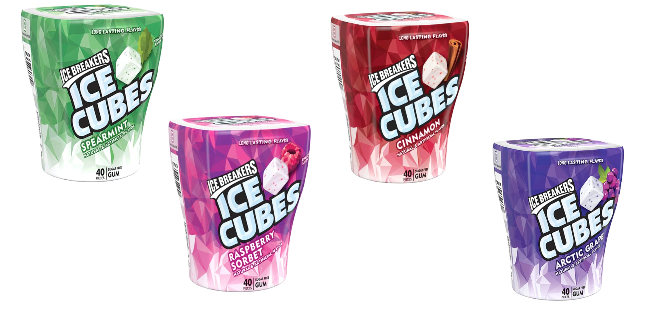 Ice Breakers Ice Cubes Sugar-Free Gum 4-Pack Variety Collection 40 Pcs/Bottle |Cinnamon | Raspberry Sorbet | Grape | Spearmint - From USA