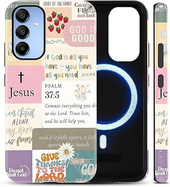 Magnetic Phone Case for Samsung Galaxy A15 5G 6,5", Christian Quotes Jesus Bible Verses Collage Print Pattern, Glossy 2-in-1 TPU and Hard PC Protective Phone Cover Compatible with MagSafe