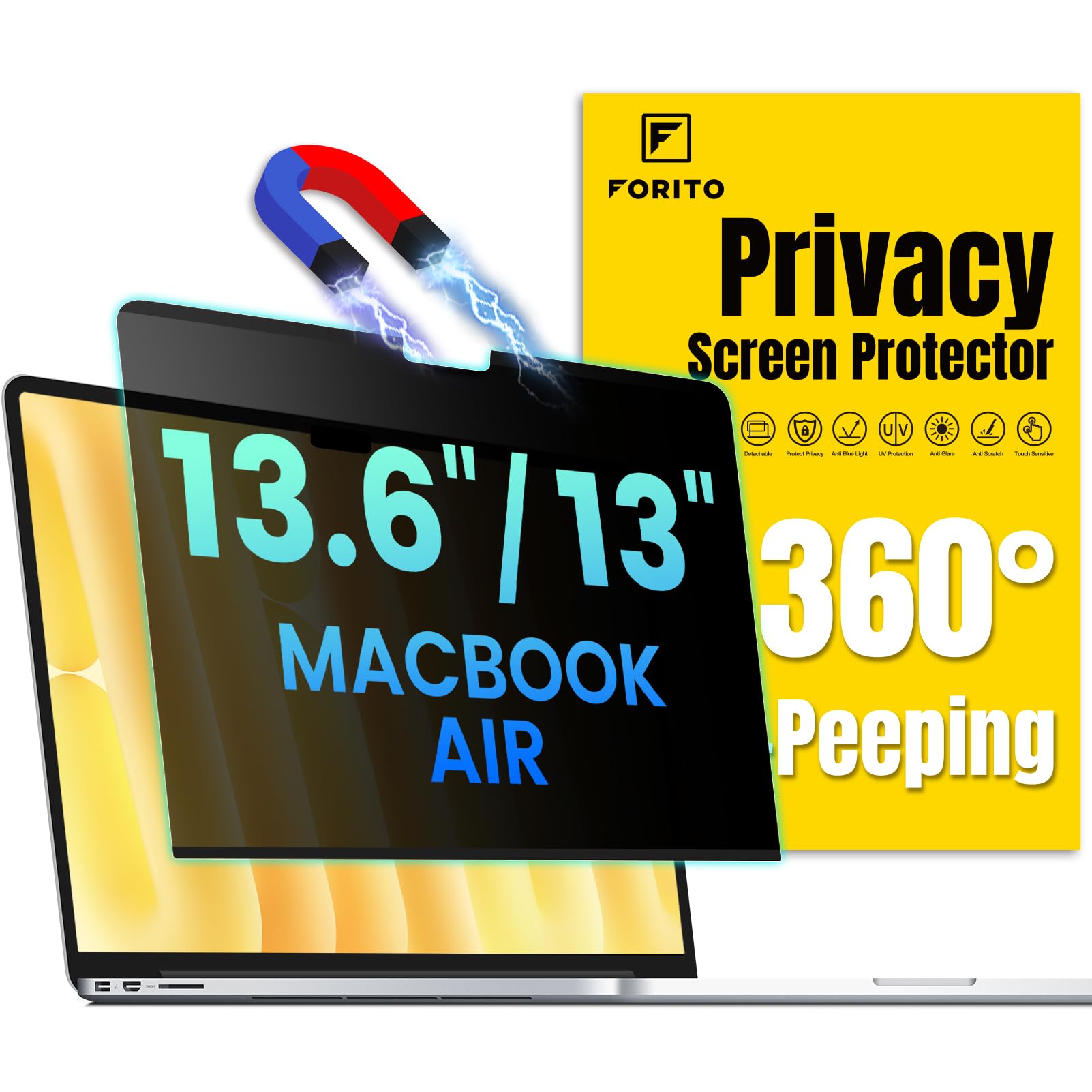 F FORITO Magnetic Privacy Screen Protector Compatible with MacBook Air 13.6 inch (2022-2025, M2, M3, M4), 360° Anti Peeping Removable Anti Blue Light Anti Glare Laptop Privacy Screen Shield