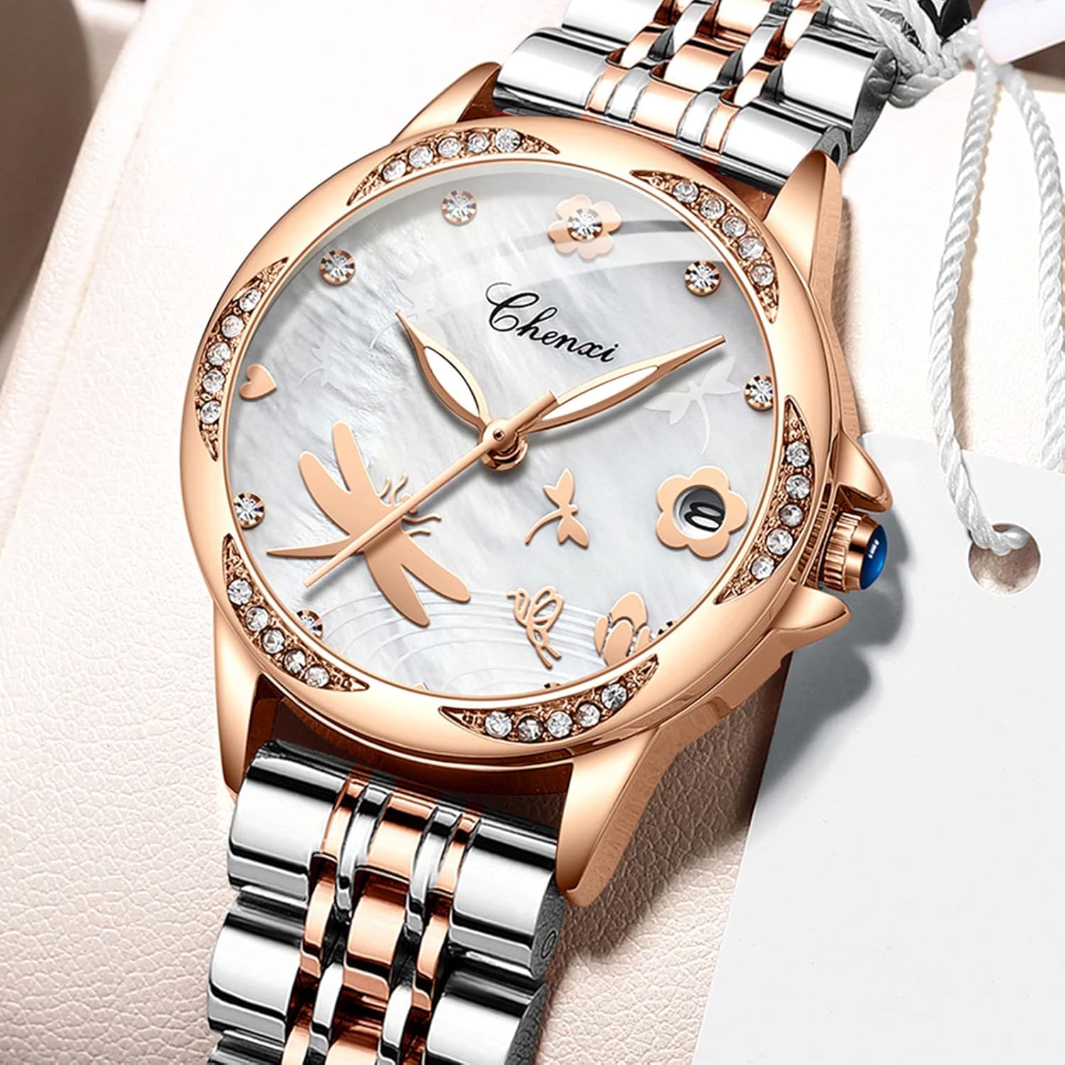 FANMIS Women's Luxury Dress Rhinestone Stainless Steel Waterproof Quartz Date Luminous Casual Watch Silver Green (Rose Gold N) (001)