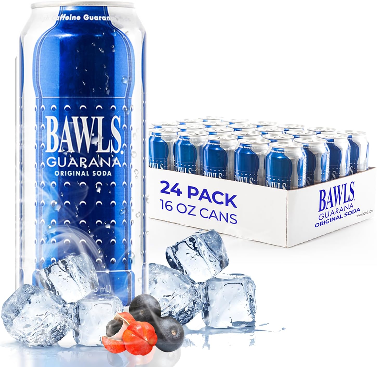 Guarana Original, BAWLS Guarana Drink, Guarana Soda, Guarana Fueled Soda for Energy, High Energy Caffeinated Drink, 16oz 24 Pack Cans