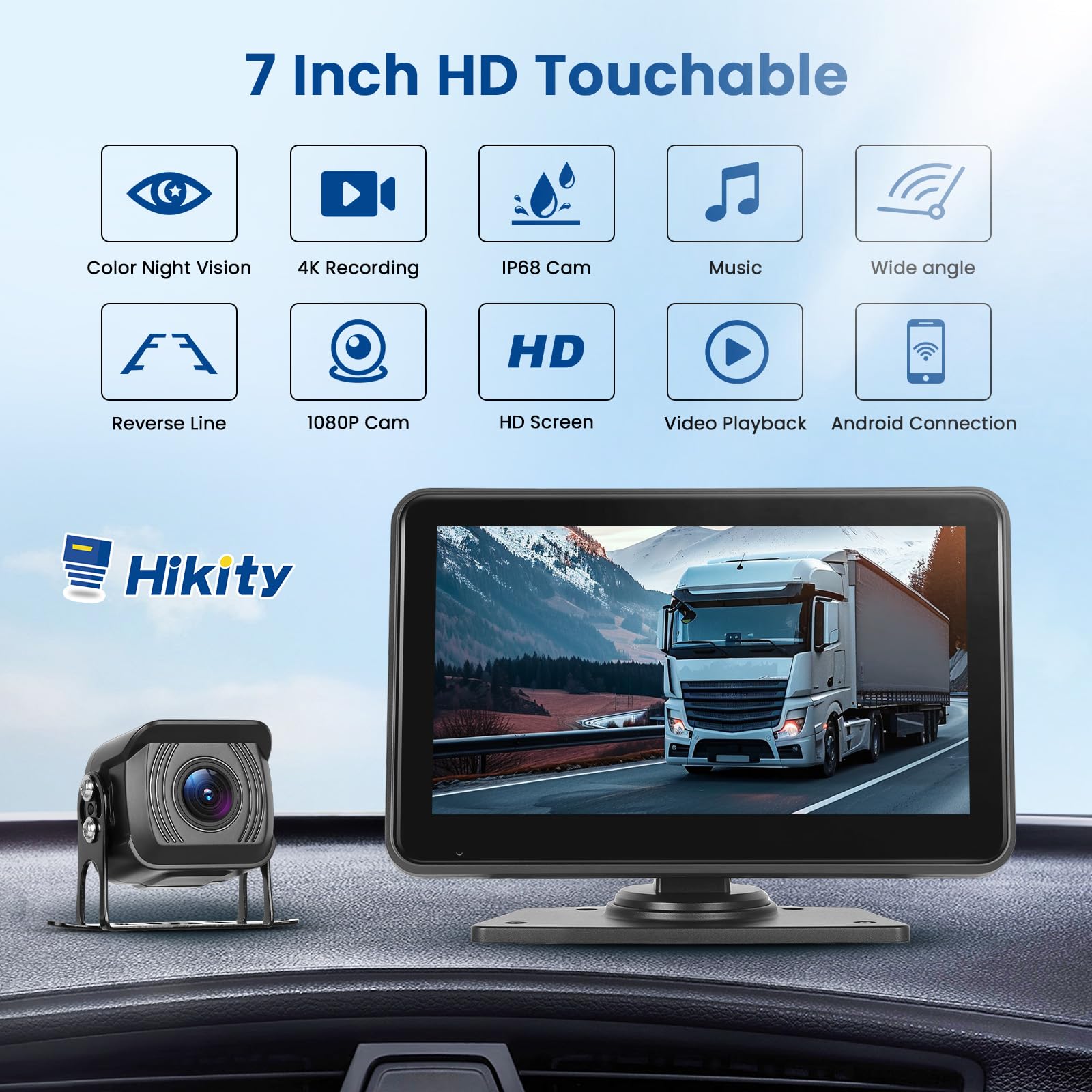 Hikity Cámara Marcha Atrás 7" HD Pantalla Táctil IP68 9-36V | Grabación Continua. BSD. Reproducir Audio. Camiones/Remolques/Bus/RV/Caravanas